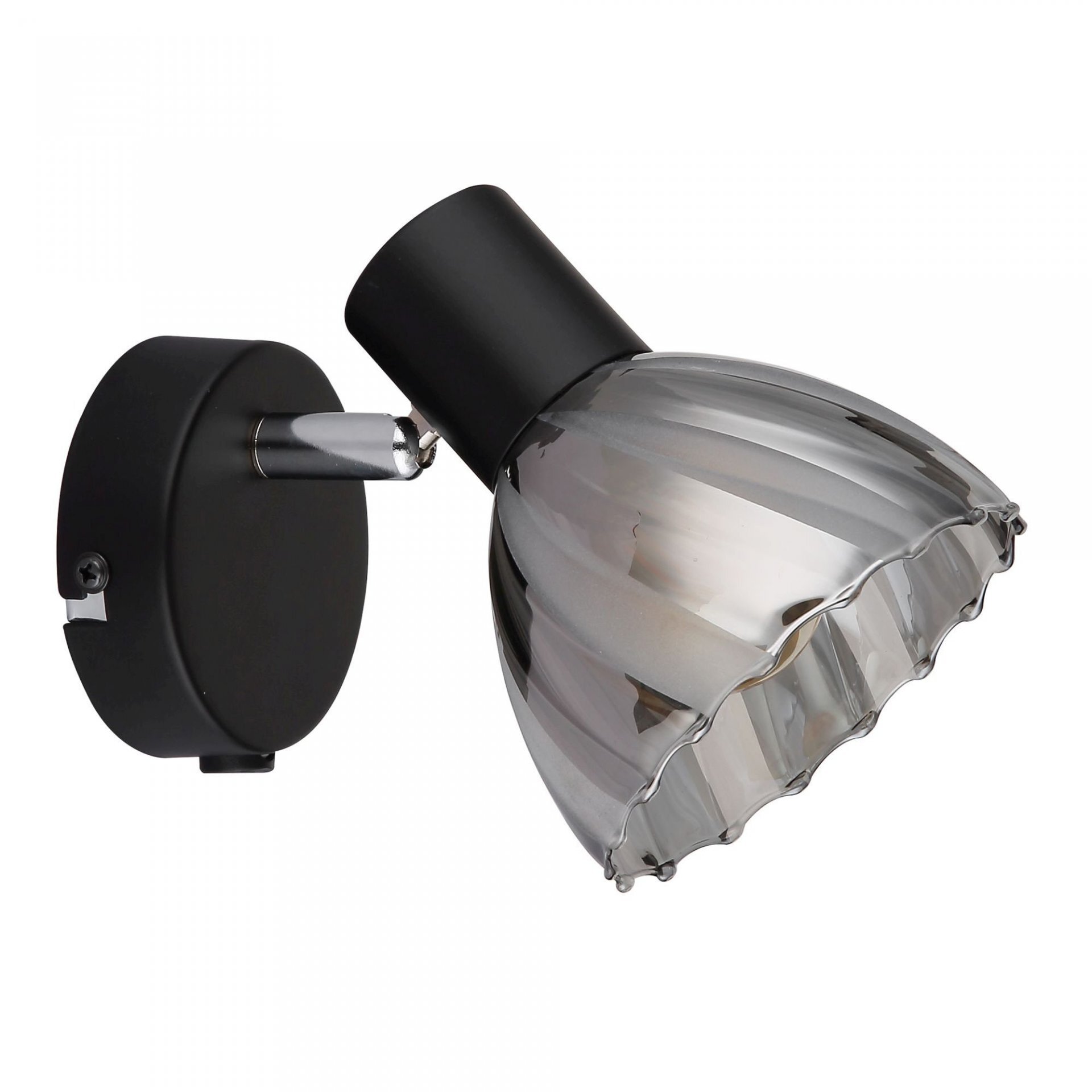 Na obrazie widoczny jest reflektor spot z metalowym kloszem o falistym wykończeniu, zamontowany na okrągłej podstawie. Lampa ma nowoczesny design i jest wyposażona w włącznik.