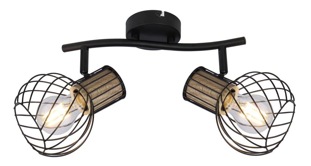 Lampa ścienna z dwoma regulowanymi reflektorami, wykonana z czarnego metalu i brązowego drewna. Reflektory mają kształt klatki otaczającej żarówki.