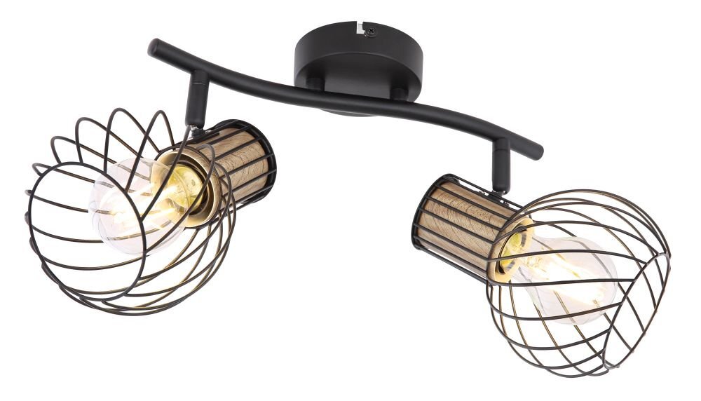 Lampa ścienna z dwoma regulowanymi reflektorami w metalowych kloszach o czarnym kolorze i brązowych drewnianych elementach. Reflektory są zamontowane na zakrzywionym ramieniu przymocowanym do okrągłej podstawy.