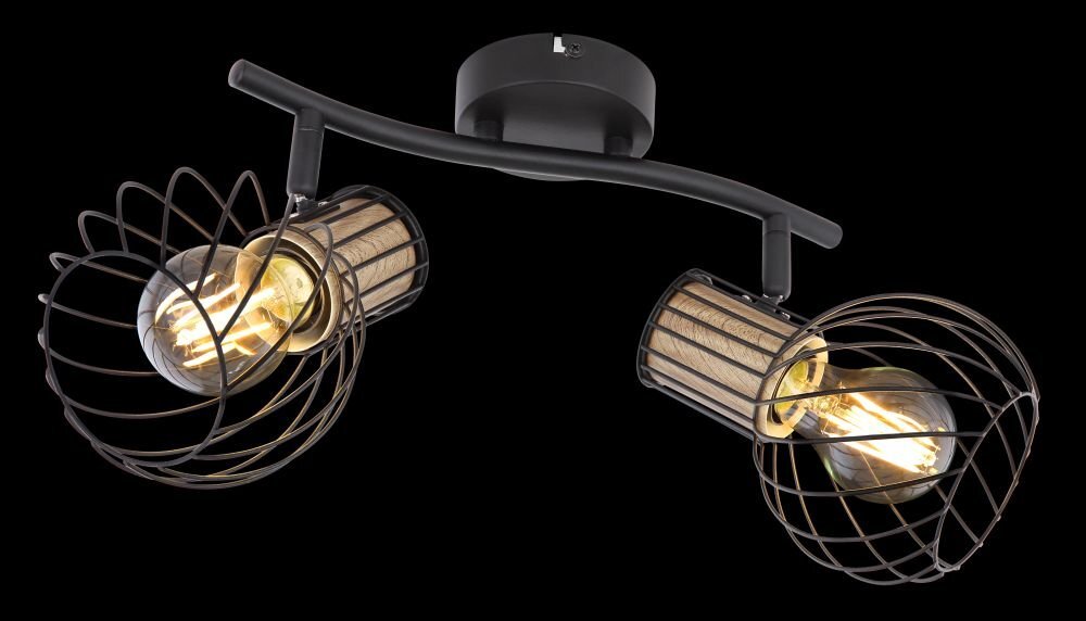 Lampa ścienna z dwoma regulowanymi reflektorami w metalowych kloszach, wykonana z czarnego metalu i brązowego drewna. Żarówki są widoczne wewnątrz kloszy.