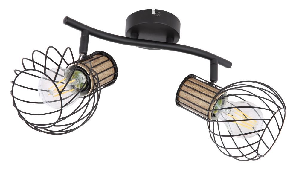 Lampa ścienna z dwoma regulowanymi reflektorami, wykonana z czarnego metalu i brązowego drewna, z widocznymi żarówkami w kloszach z drucianą osłoną.