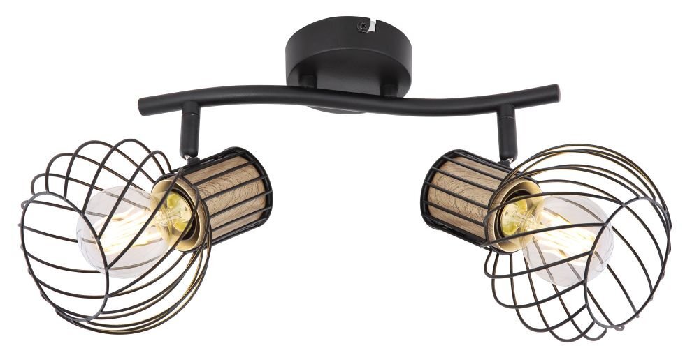 Lampa ścienna z dwoma regulowanymi reflektorami, wykonana z czarnego metalu i brązowego drewna, z widocznymi żarówkami w kloszach z metalowych prętów.