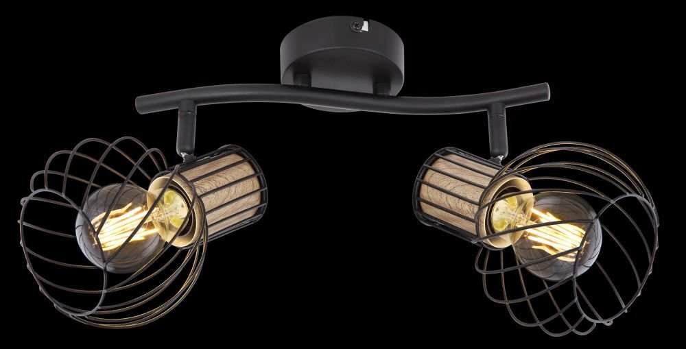Lampa ścienna z dwoma regulowanymi reflektorami, wykonana z czarnego metalu i brązowego drewna, z widocznymi żarówkami w kloszach z metalowych prętów.