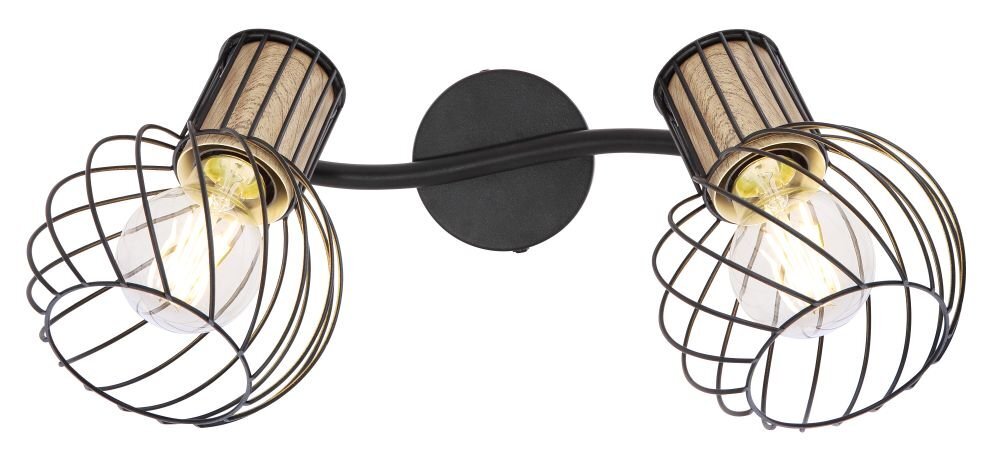 Lampa ścienna z dwoma regulowanymi reflektorami, wykonana z czarnego metalu i brązowego drewna. Każdy reflektor ma klosz w formie metalowej klatki, odsłaniający żarówkę.