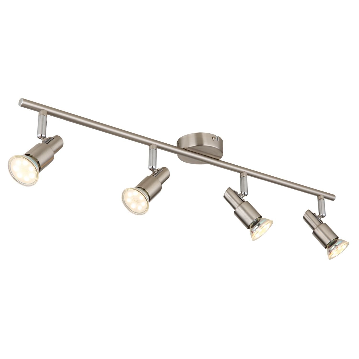 Lampa sufitowa z czterema regulowanymi reflektorami w nowoczesnym stylu, wykonana z metalu w kolorze srebrnym. Reflektory są zamontowane na prostym, poziomym ramieniu przymocowanym do okrągłej podstawy sufitowej.