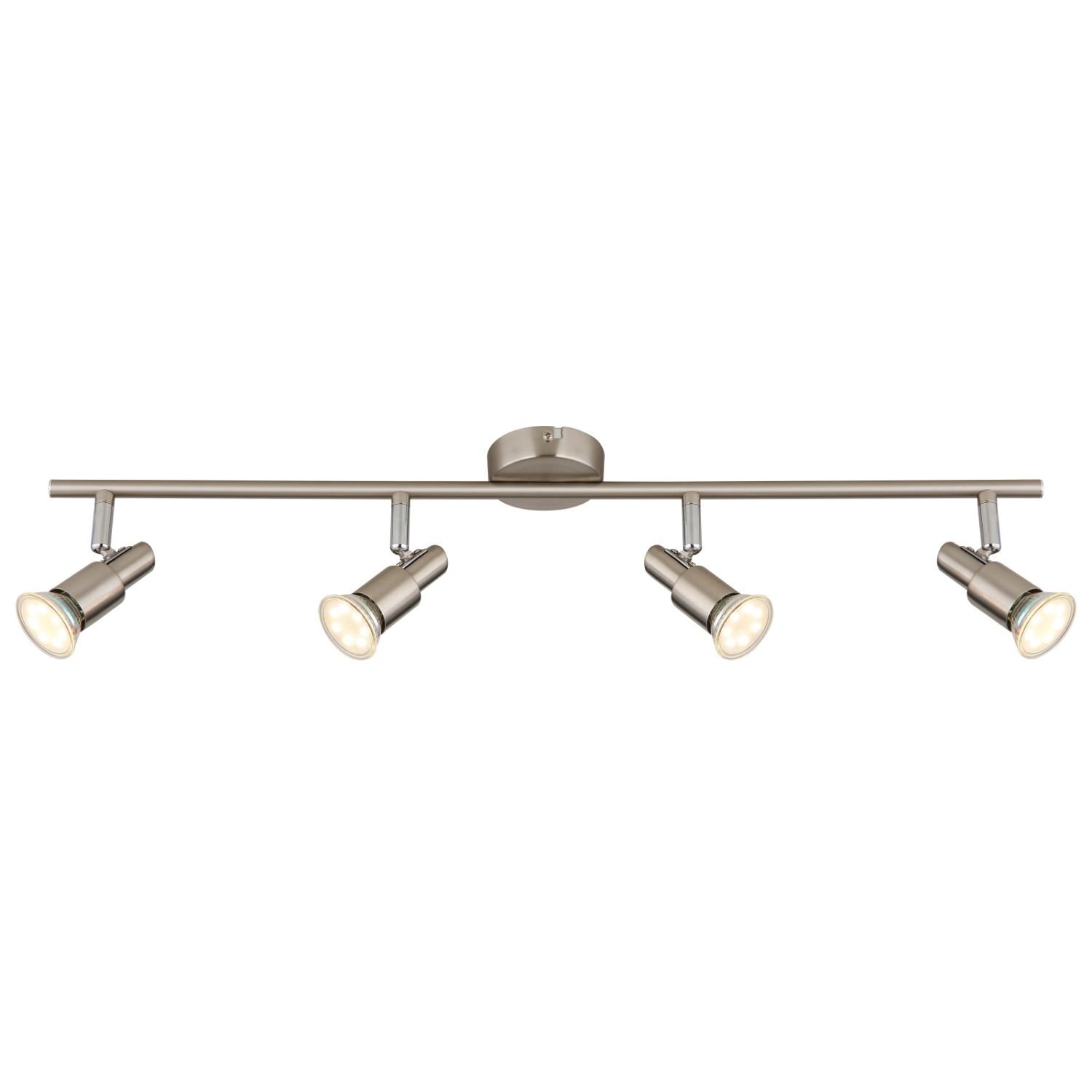 Na obrazie widoczna jest nowoczesna lampa sufitowa z czterema regulowanymi reflektorami zamontowanymi na metalowej listwie. Lampa ma metaliczne wykończenie i okrągłą podstawę montażową.