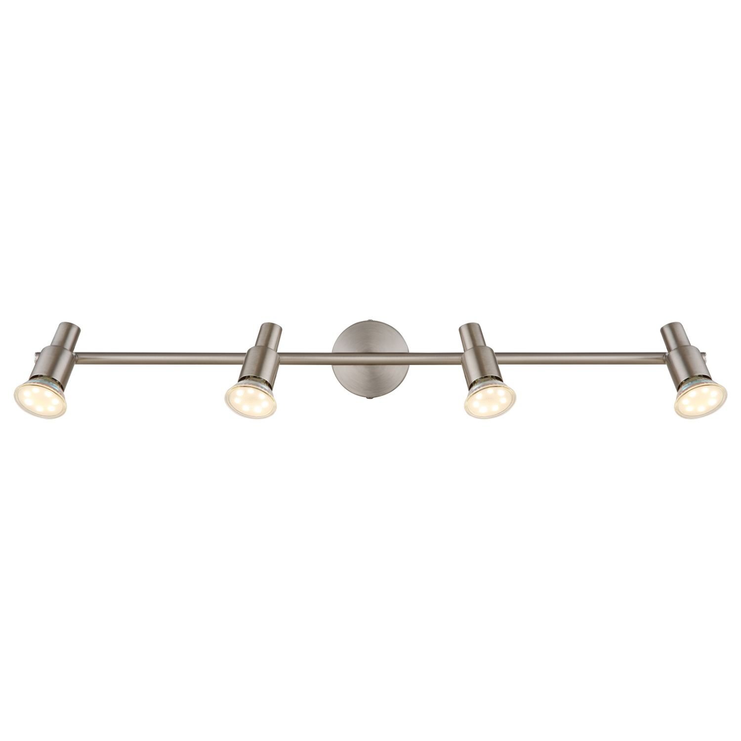 Na obrazie widoczna jest nowoczesna lampa sufitowa z czterema regulowanymi reflektorami umieszczonymi na metalowym pręcie. Lampa ma minimalistyczny design i metaliczne wykończenie.
