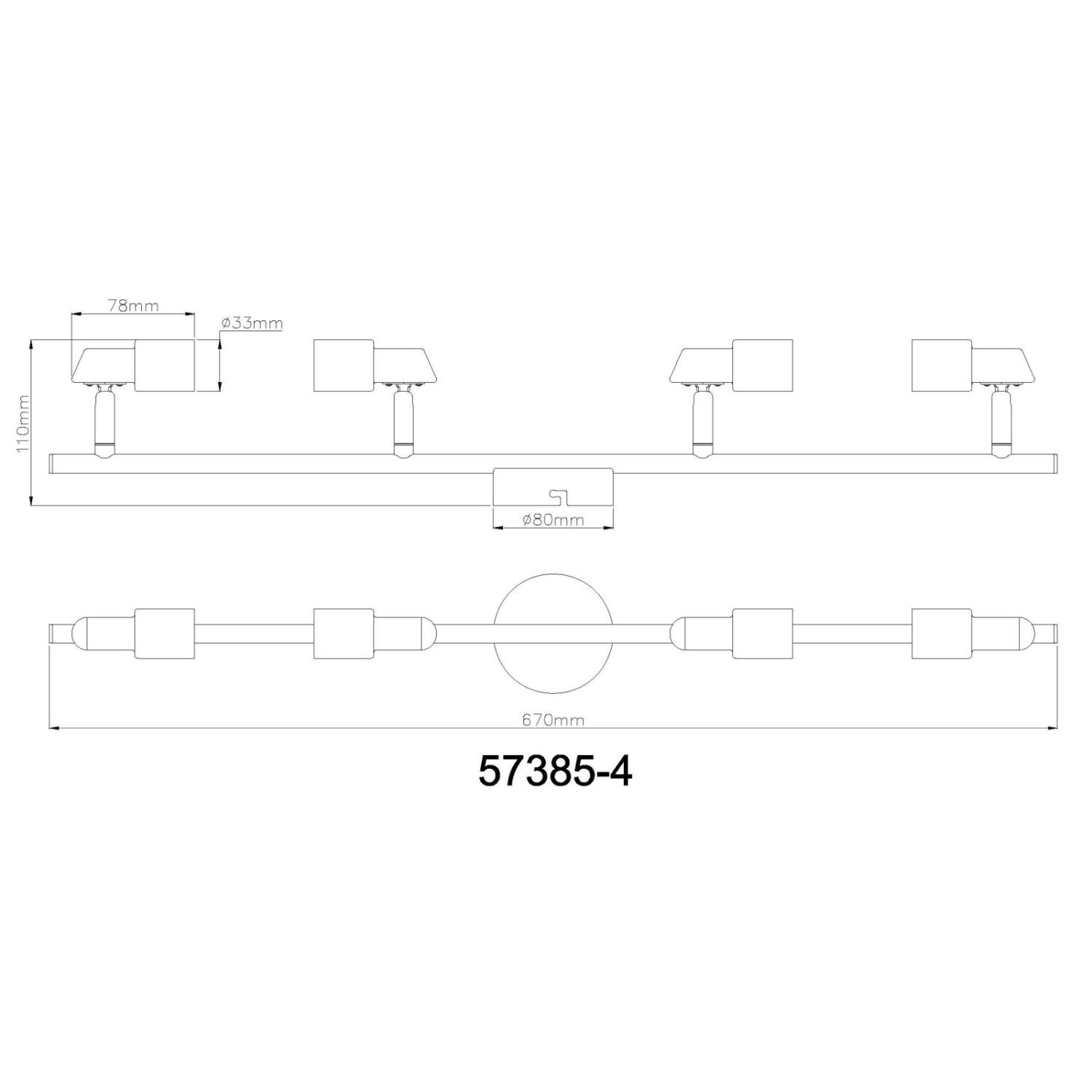 Schemat techniczny lampy sufitowej z czterema regulowanymi reflektorami, oznaczonej numerem 57385-4. Wymiary: 110mm wysokości, 980mm długości całkowitej, 670mm długości między reflektorami, średnica podstawy 80mm.