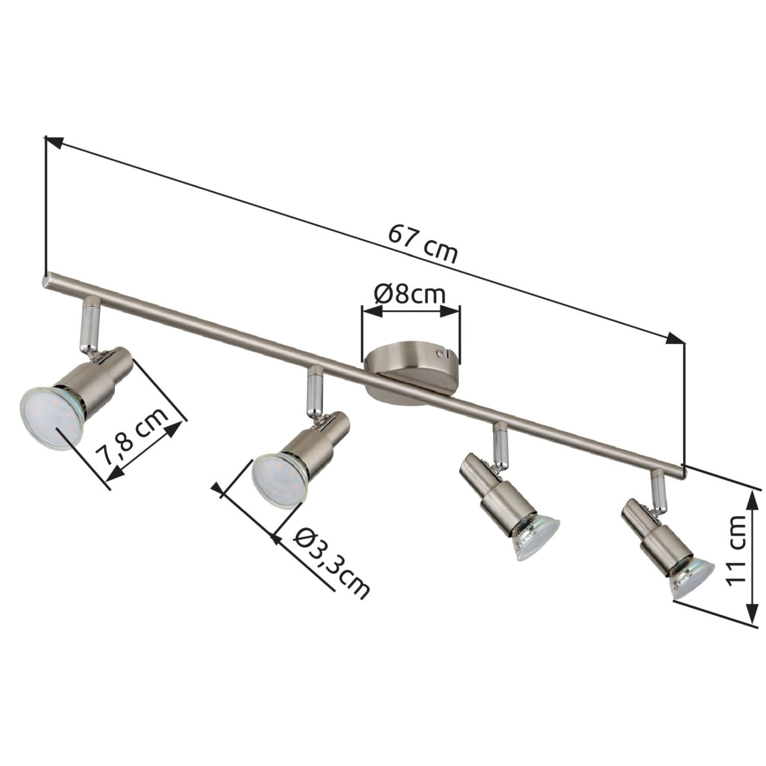 Lampa sufitowa z czterema regulowanymi reflektorami w kolorze srebrnym. Wymiary: długość 67 cm, średnica podstawy 8 cm, długość reflektorów 7,8 cm, średnica reflektorów 3,3 cm, wysokość 11 cm.