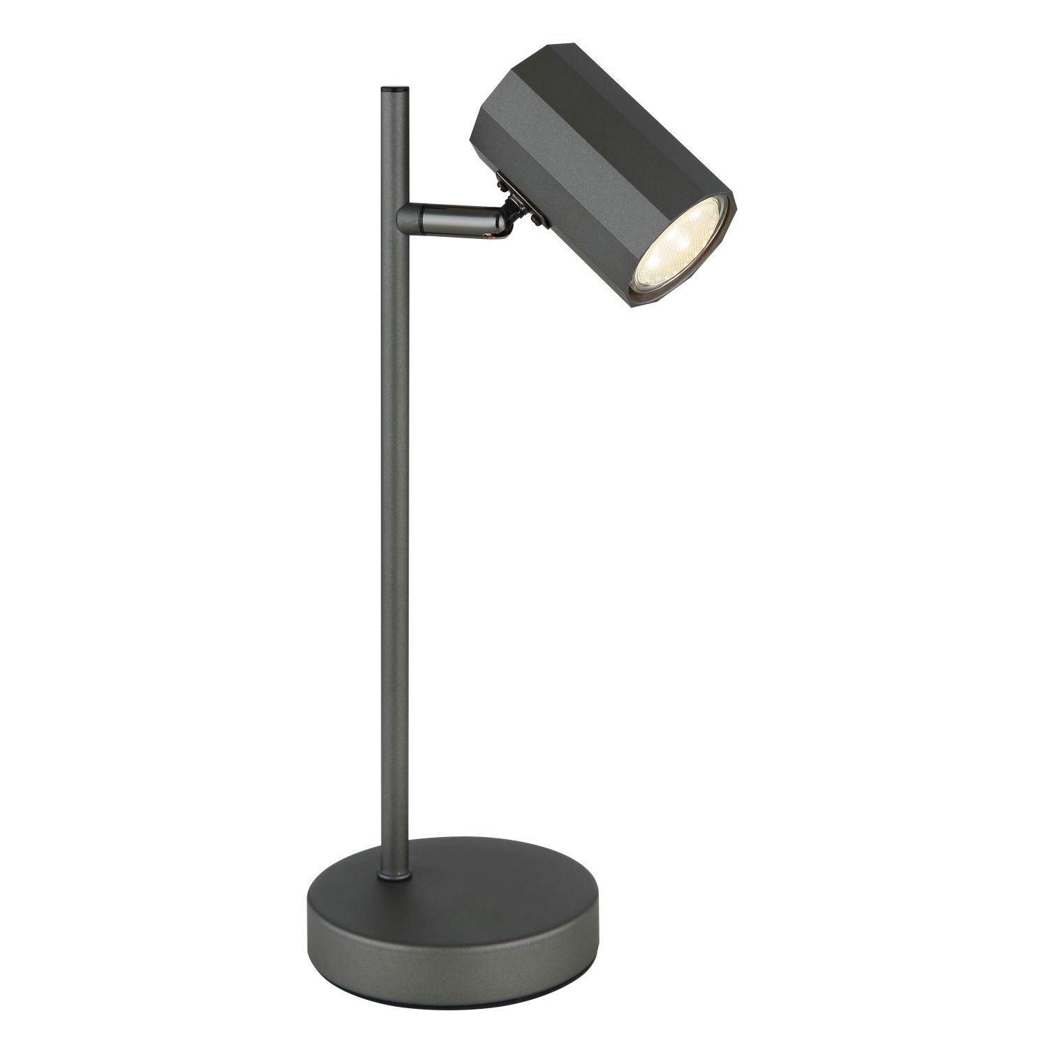 Czarna lampa biurkowa z cylindrycznym kloszem i prostym stojakiem na okrągłej podstawie. Klosz skierowany jest w dół, emitując światło.