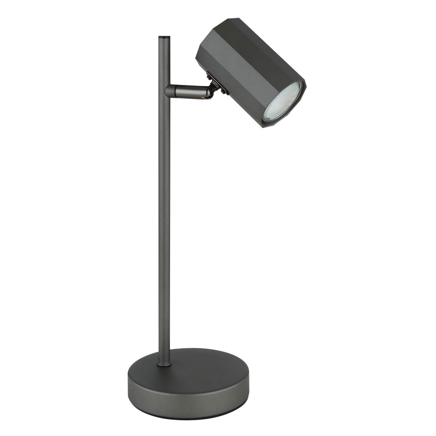 Lampa biurkowa o nowoczesnym designie z cylindrycznym kloszem i prostą podstawą w kolorze ciemnoszarym.