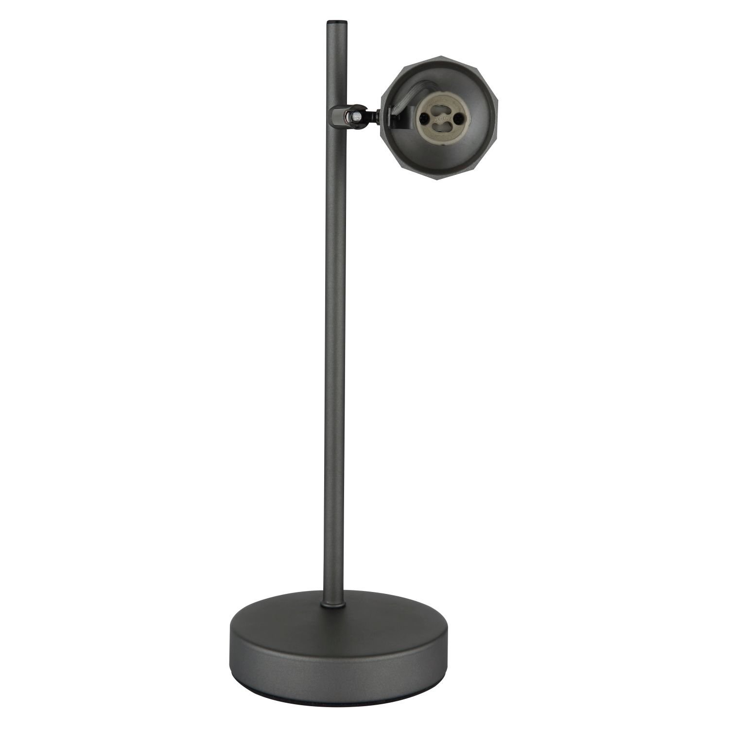 Czarna lampa biurkowa z okrągłą podstawą i regulowanym kloszem o geometrycznym kształcie. Lampa ma prosty, nowoczesny design.