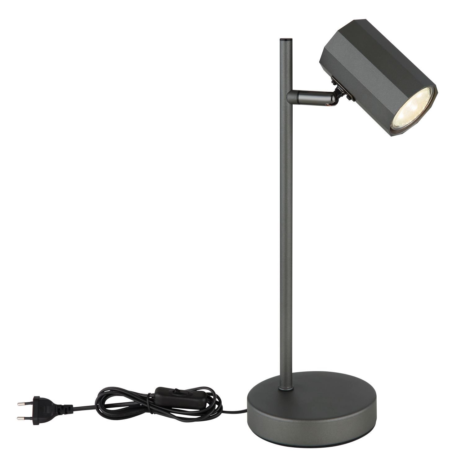 Na obrazie widoczna jest nowoczesna lampa biurkowa z metalowym korpusem i cylindrycznym kloszem, stojąca na okrągłej podstawie. Lampa posiada przewód z wtyczką elektryczną.