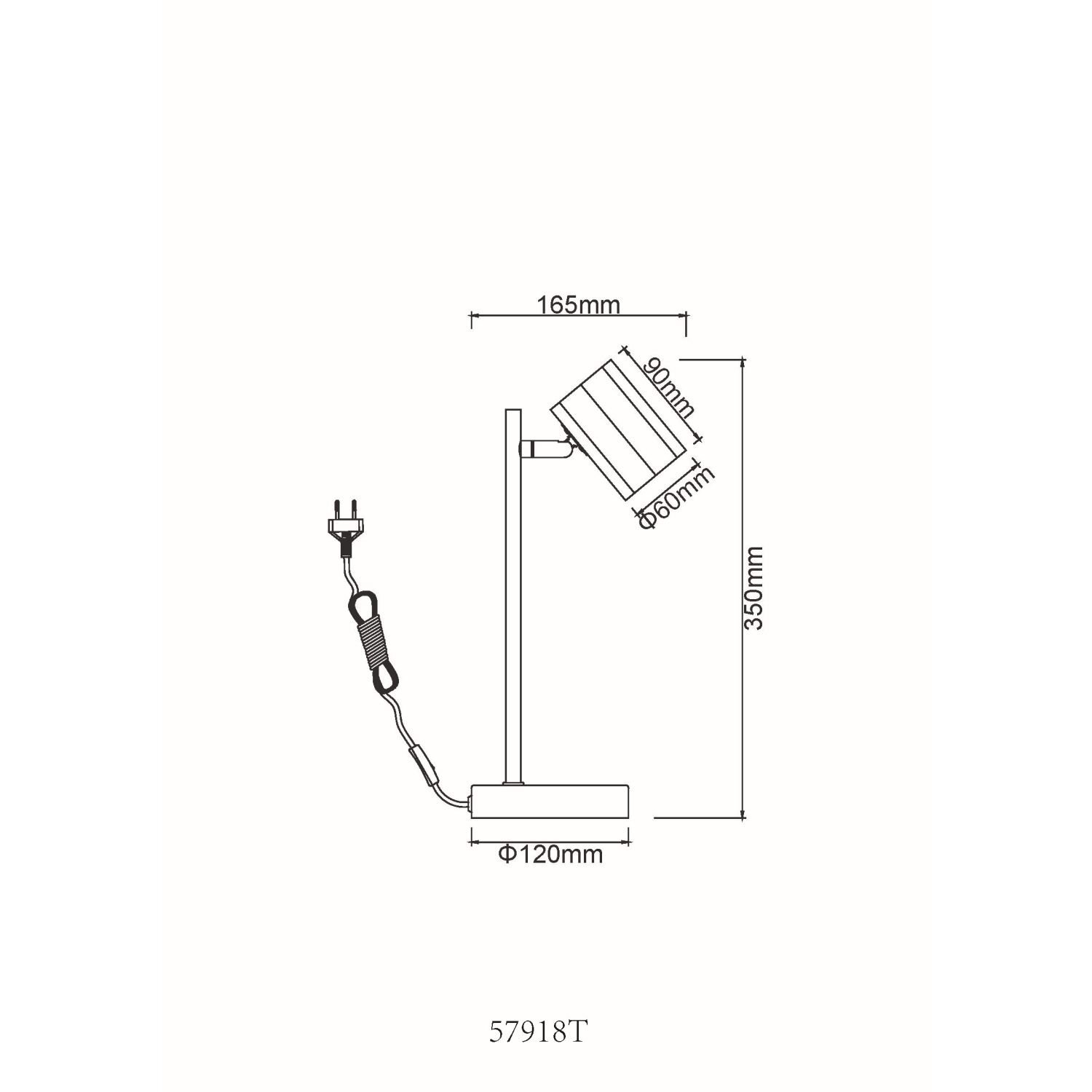 Schemat lampy biurkowej z wymiarami: wysokość 350 mm, szerokość podstawy 120 mm, długość ramienia 165 mm, średnica klosza 90 mm, głębokość klosza 60 mm. Widoczny jest przewód z wtyczką oraz oznaczenie modelu 57919T.