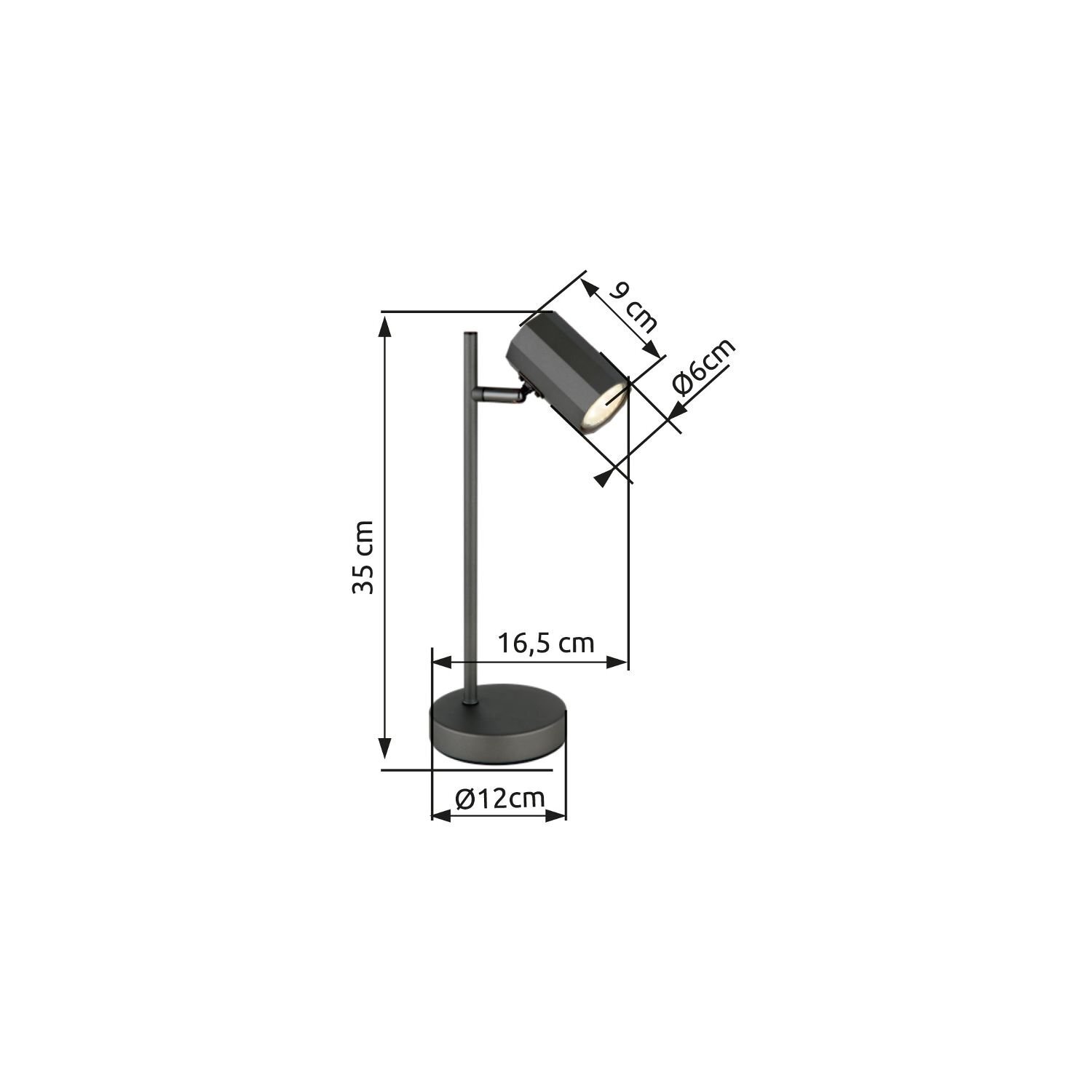 Czarna lampa biurkowa z cylindrycznym kloszem, o wysokości 35 cm i średnicy podstawy 12 cm. Klosz ma długość 9 cm i średnicę 6 cm, a odległość od podstawy do klosza wynosi 16,5 cm.
