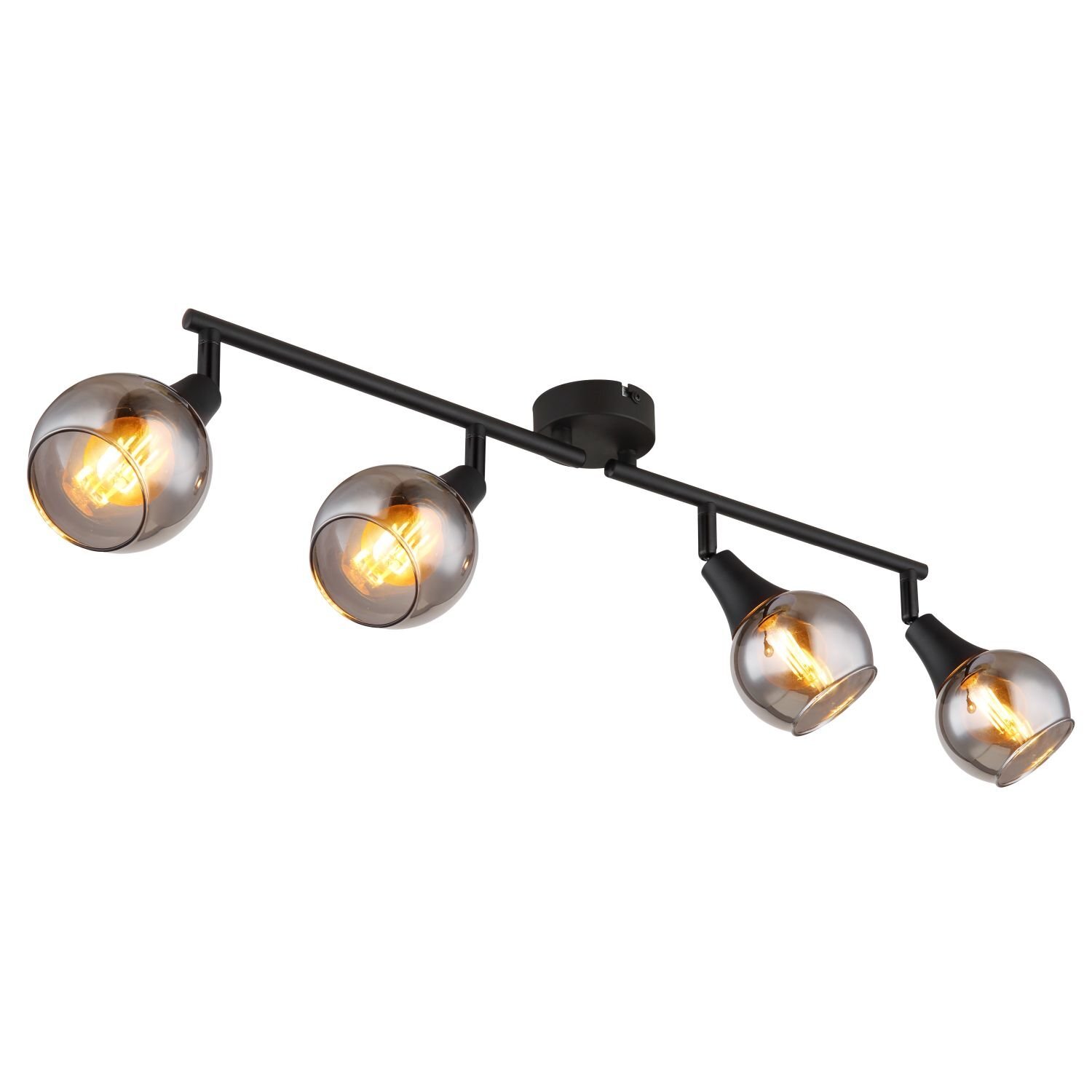 Lampa sufitowa z czterema kulistymi kloszami w kolorze przydymionego szkła, zamontowana na czarnym metalowym stelażu. Każdy klosz zawiera widoczną żarówkę emitującą ciepłe światło.