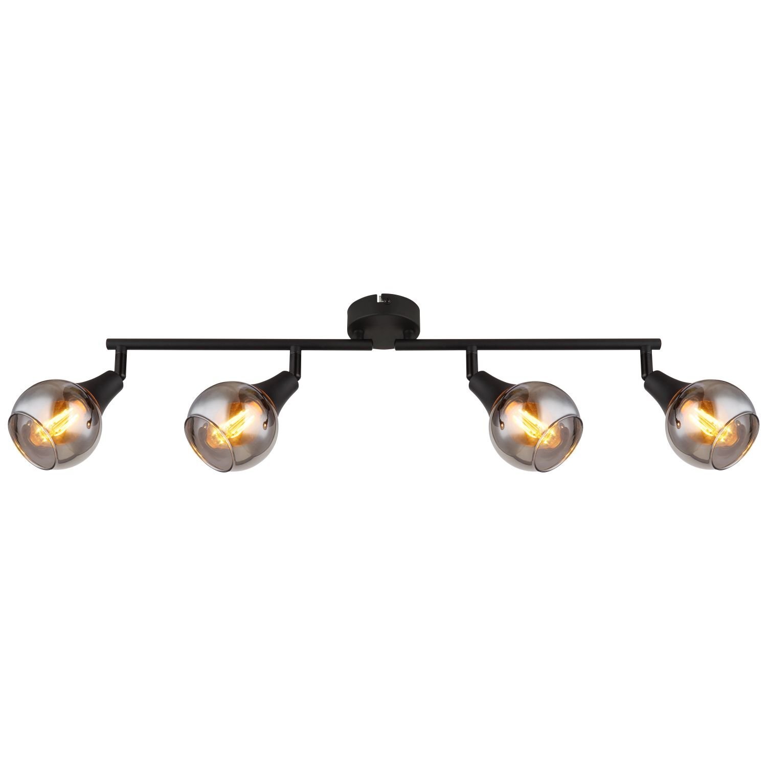 Lampa sufitowa z czterema reflektorami w kształcie kulistych kloszy, zamontowana na prostym, czarnym stelażu. Klosze są przezroczyste z widocznymi żarówkami wewnątrz.