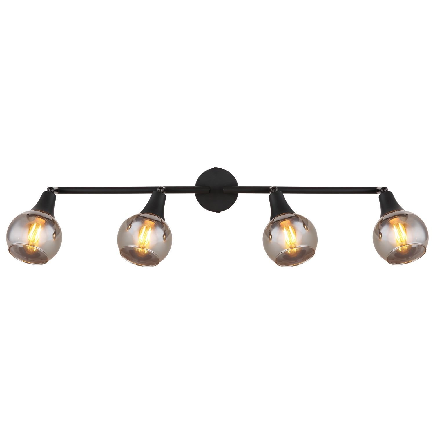 Lampa sufitowa z czterema kulistymi kloszami w kolorze przydymionego szkła, zamontowana na czarnym metalowym stelażu. Każdy klosz zawiera widoczne żarówki filamentowe.