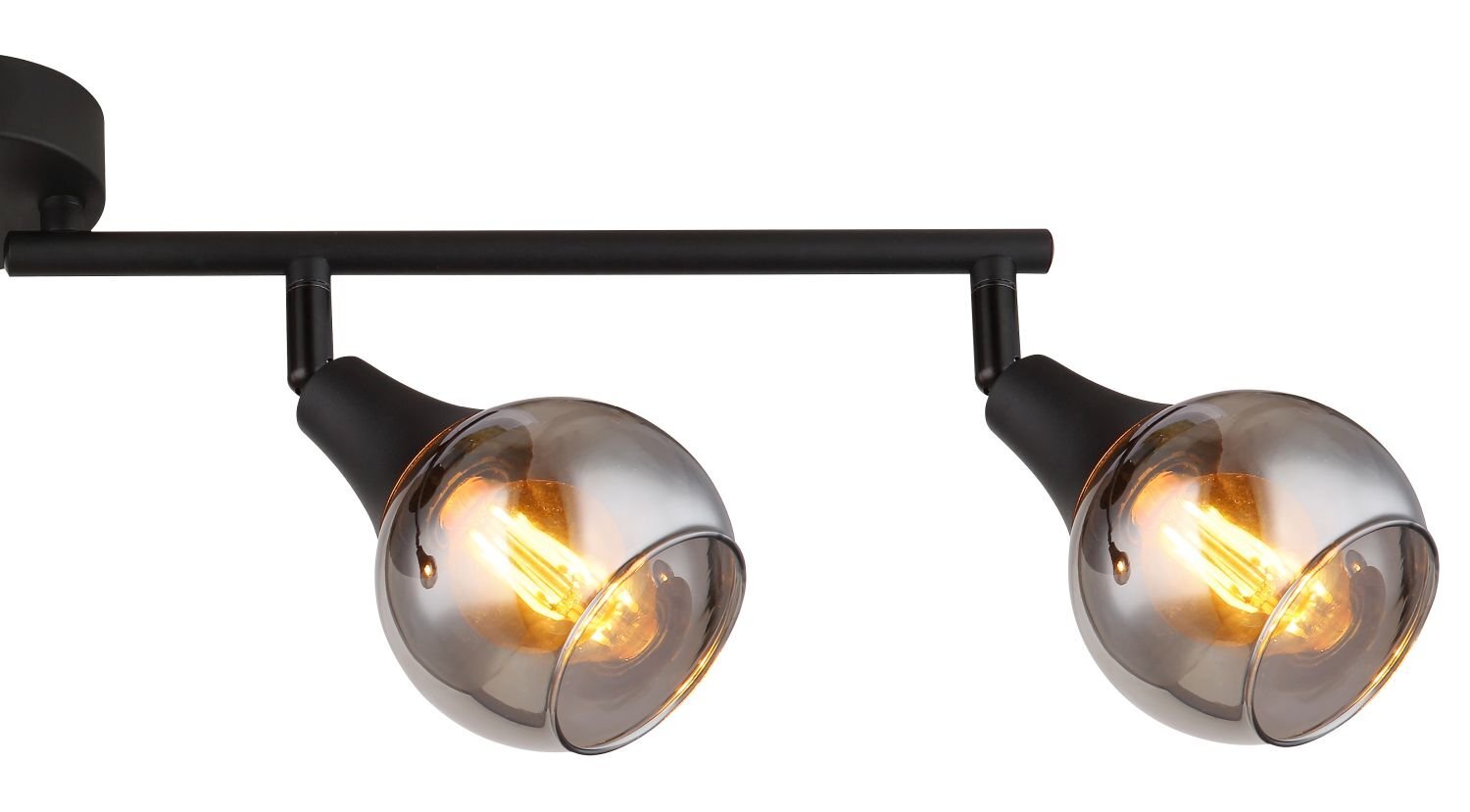 Na obrazie widoczna jest lampa sufitowa z dwoma reflektorami o kulistych, przezroczystych kloszach, przez które widać żarówki emitujące ciepłe światło. Konstrukcja lampy jest w kolorze czarnym.