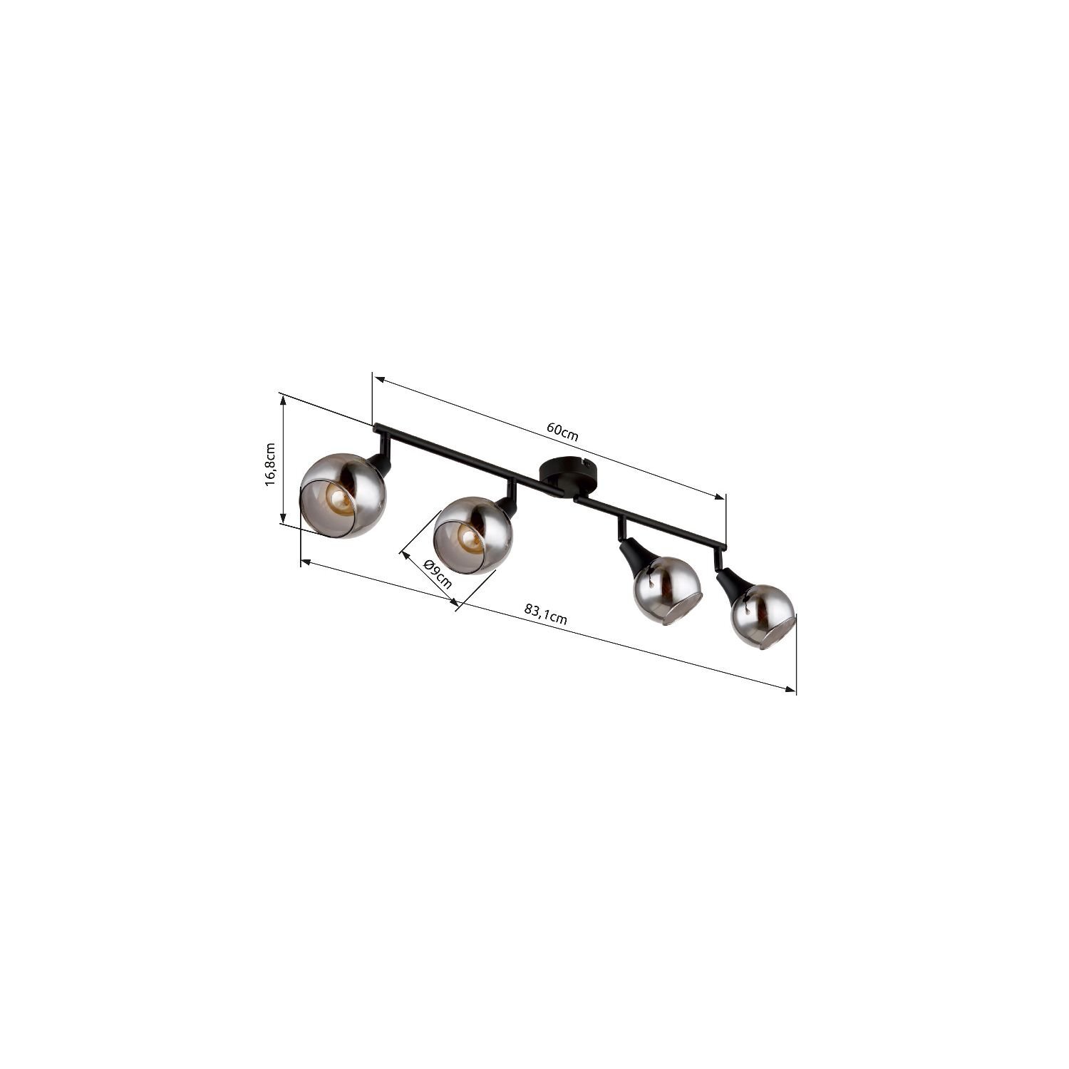 Lampa sufitowa z czterema reflektorami na czarnym stelażu, z wymiarami: 60 cm długości, 16,8 cm wysokości, 90 cm i 83,1 cm odległości między reflektorami. Reflektory mają srebrne obudowy.