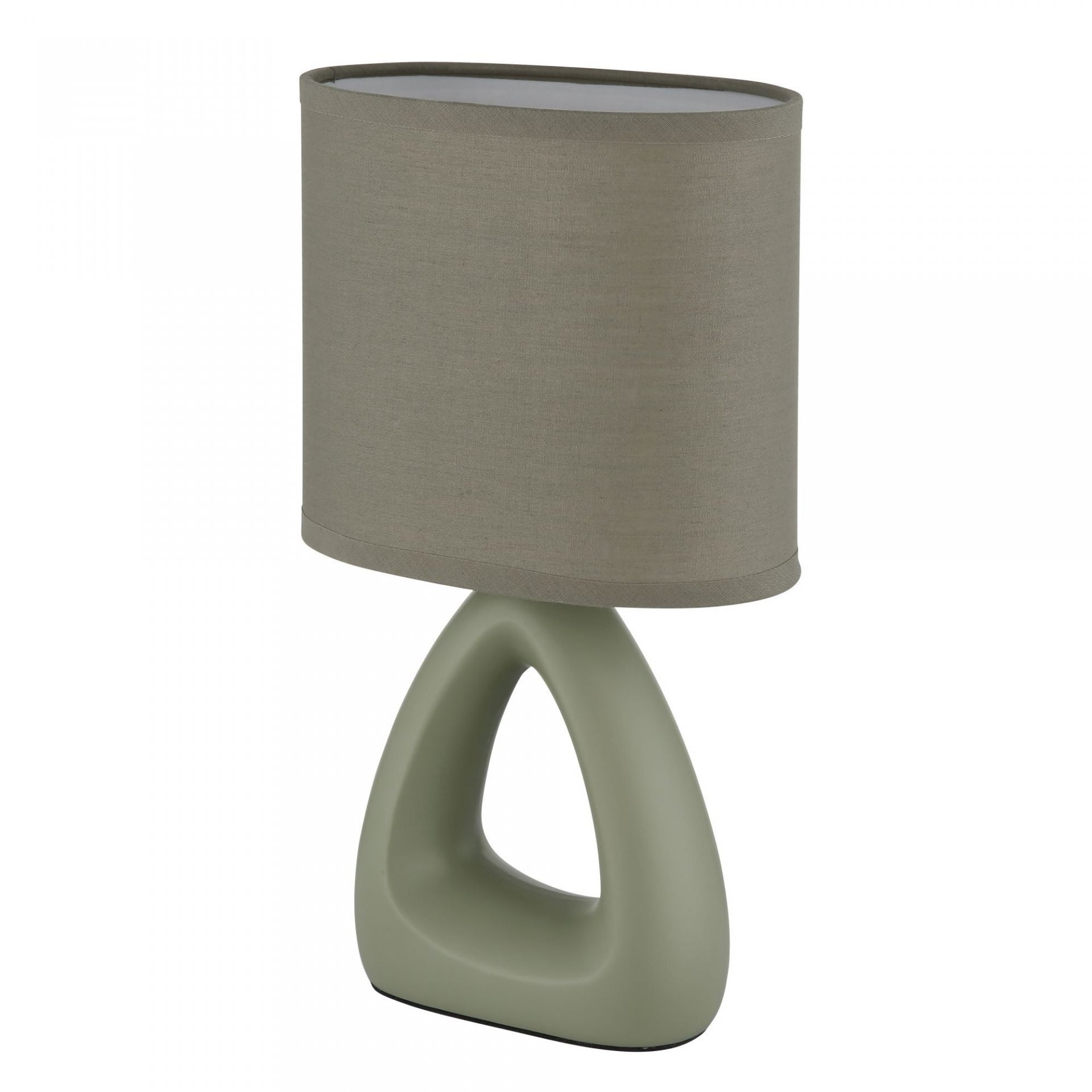 Lampa stołowa z owalnym, szarym abażurem i podstawą w kształcie trójkąta w kolorze zielonym. Produkt nie posiada widocznych napisów ani logo.