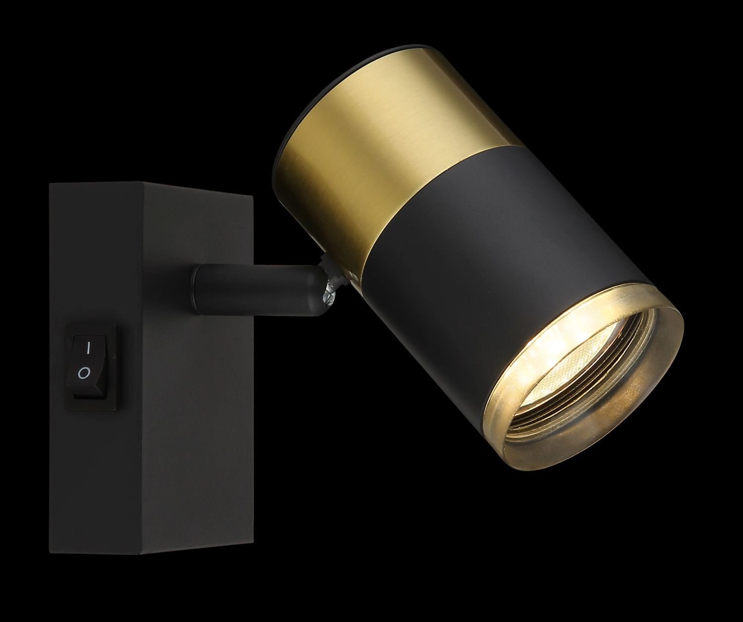 Czarny reflektor sufitowy z cylindrycznym kloszem, ozdobiony złotymi elementami, zamontowany na prostokątnej podstawie z włącznikiem. Lampa ma nowoczesny design i jest przeznaczona do oświetlenia punktowego.