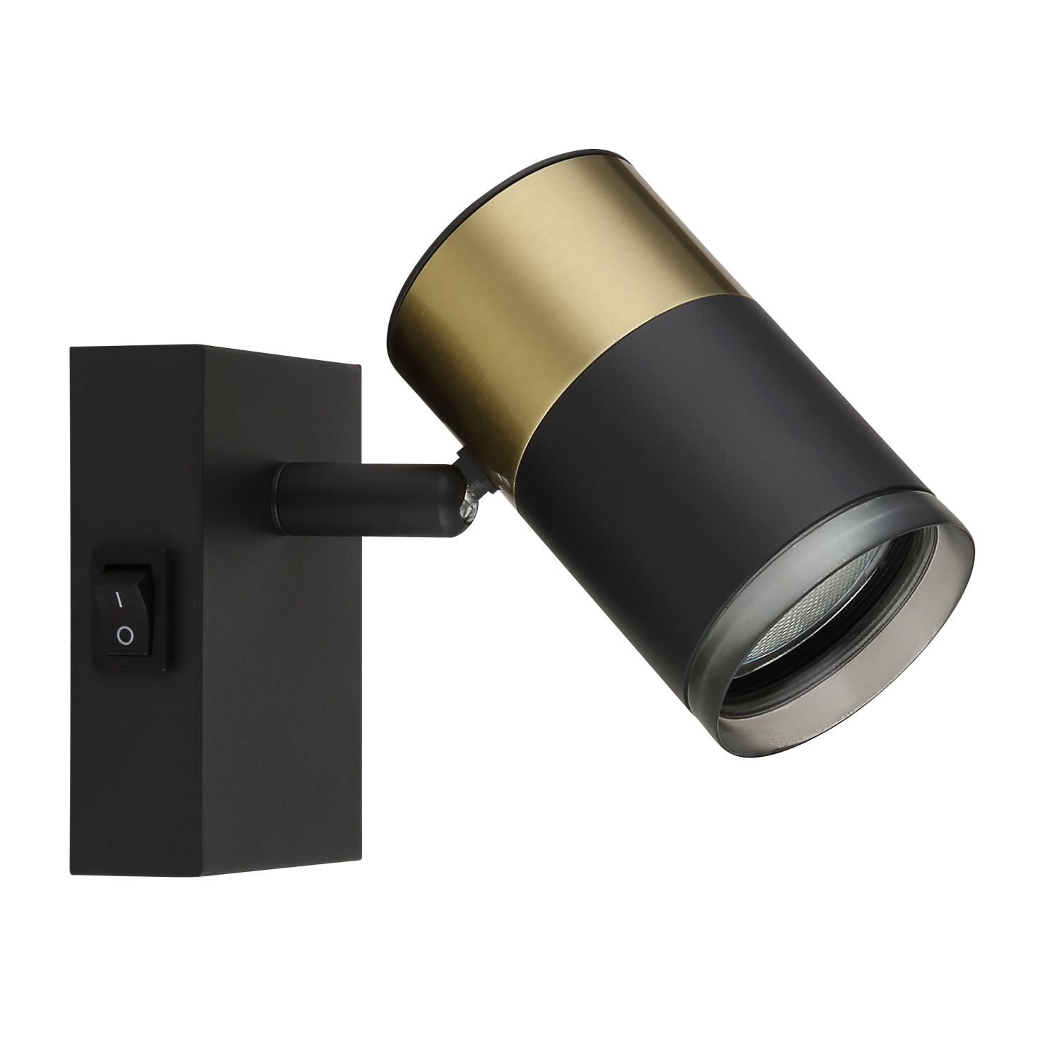 Czarny reflektor sufitowy z cylindrycznym kloszem w kolorze złotym i czarnym, zamontowany na prostokątnej podstawie z włącznikiem. Produkt ma nowoczesny design i jest przeznaczony do oświetlenia punktowego.