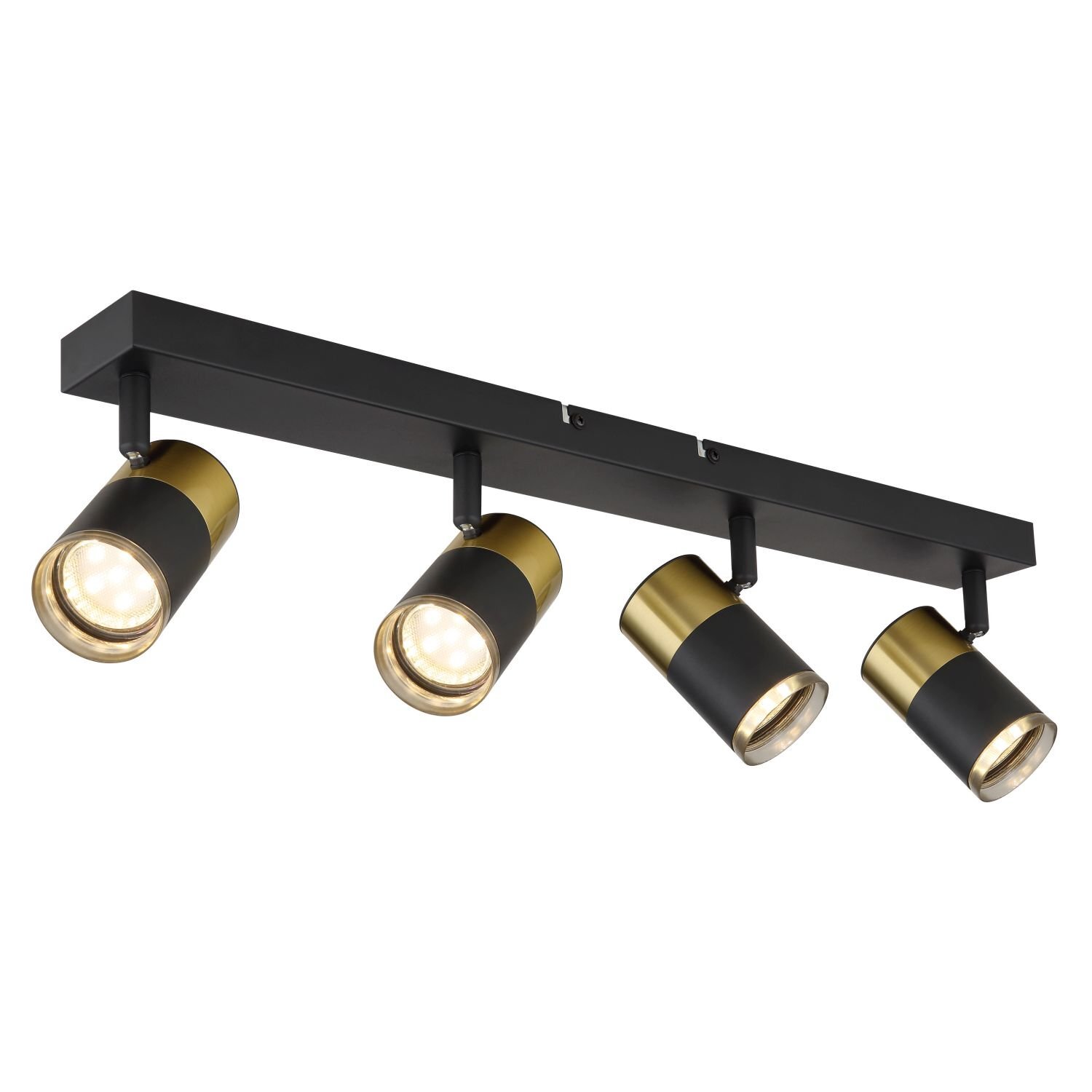 Lampa sufitowa z czterema reflektorami w kolorze czarno-złotym, zamontowana na prostokątnej listwie. Reflektory mają cylindryczny kształt i są skierowane w różnych kierunkach.