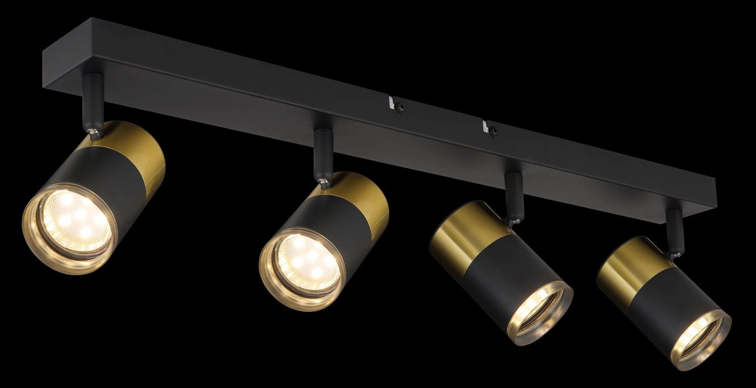 Czarna lampa sufitowa z czterema reflektorami w kształcie cylindrów, z elementami w kolorze złotym. Reflektory są zamontowane na prostokątnej listwie.