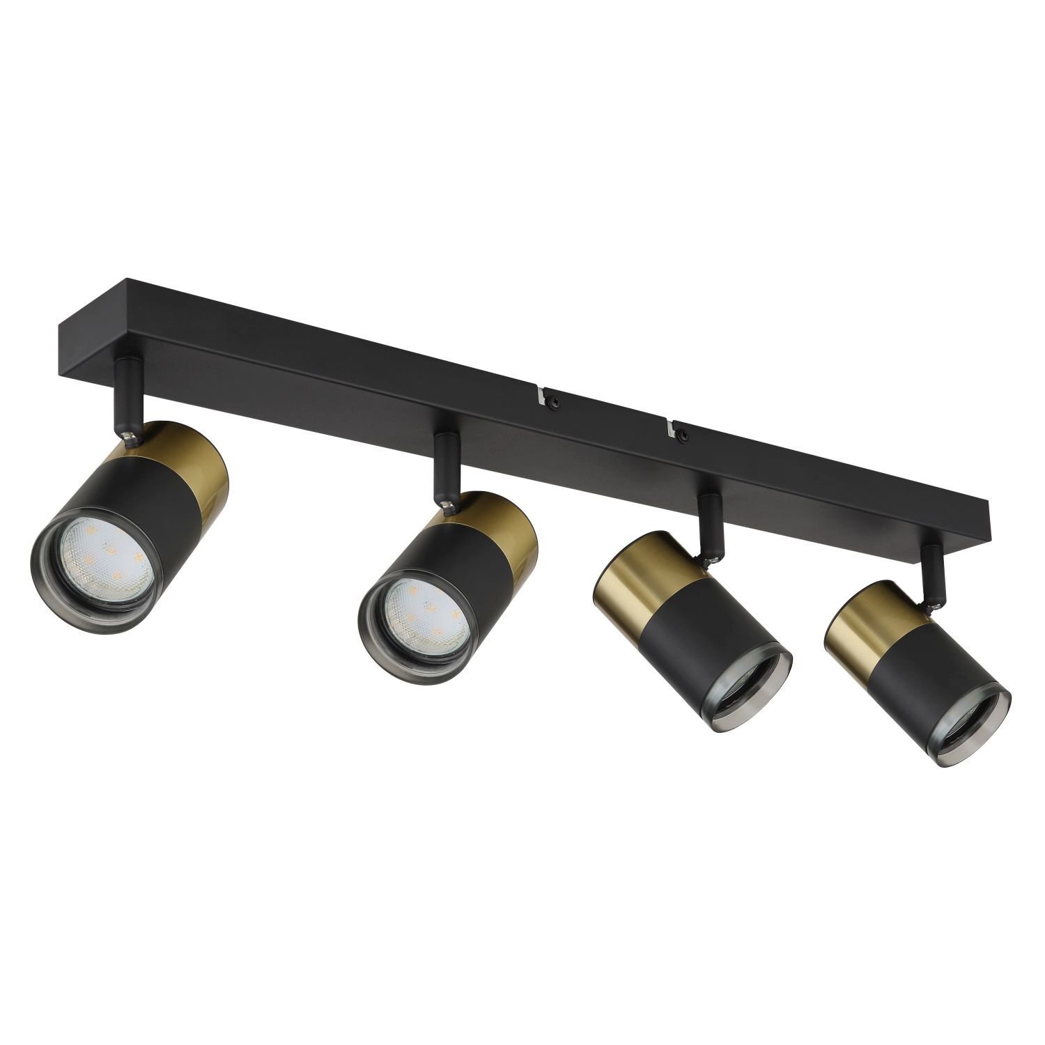 Czarna lampa sufitowa z czterema reflektorami w kształcie cylindrów, z elementami w kolorze złotym. Reflektory są zamontowane na prostokątnej listwie.