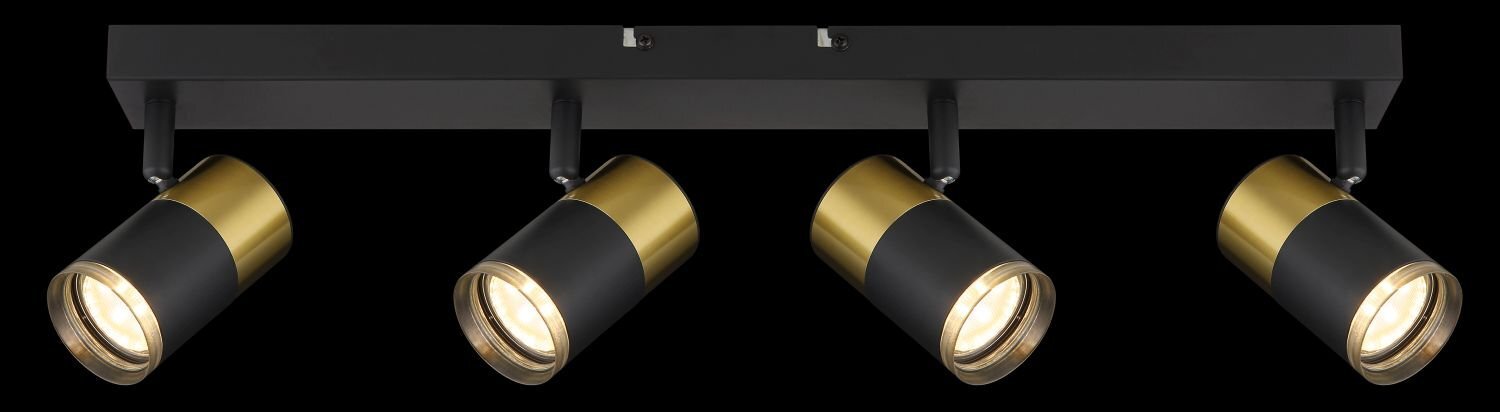 Czarna lampa sufitowa z czterema reflektorami w kształcie cylindrów, z elementami w kolorze złotym.