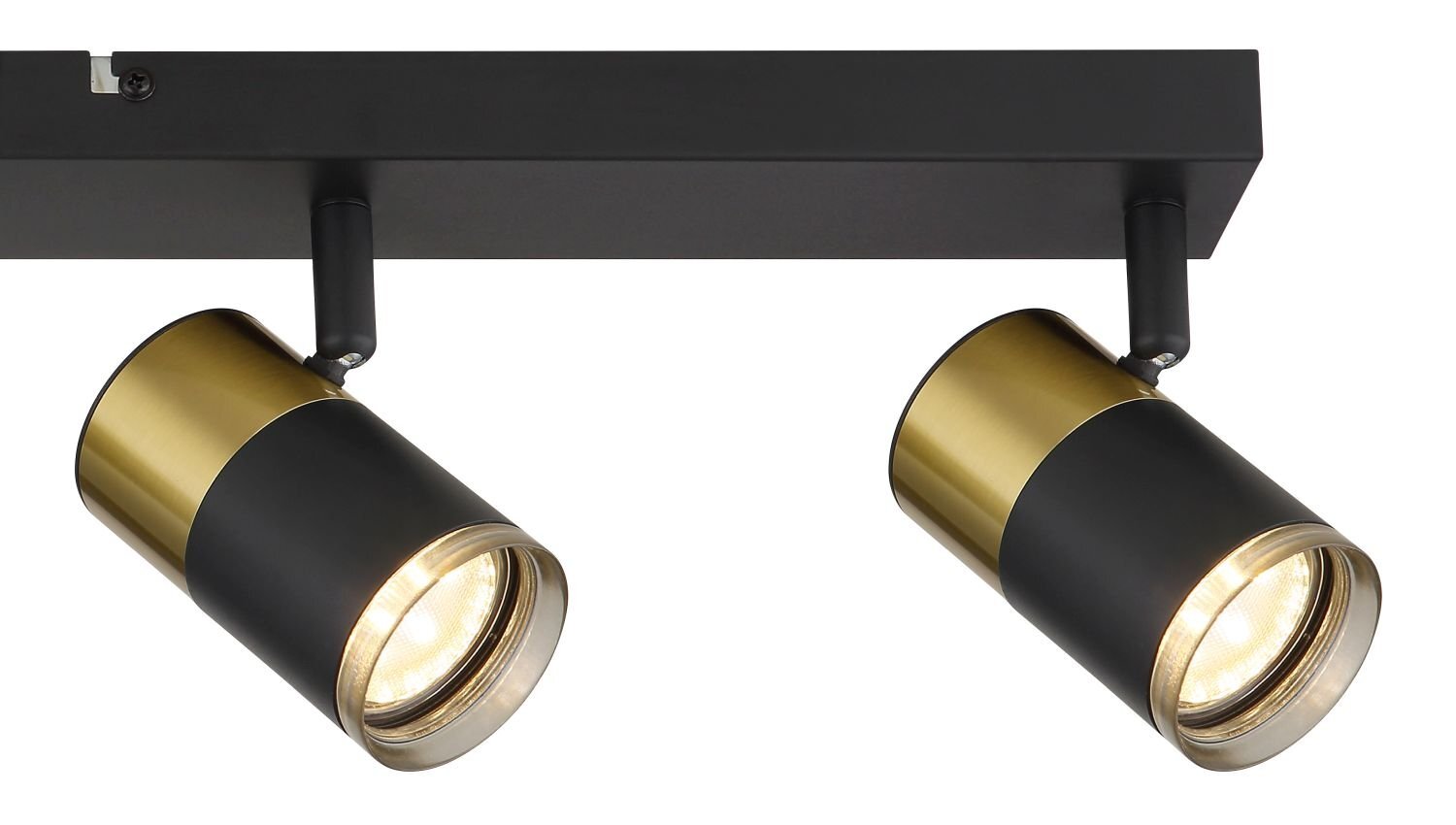 Na obrazie widoczna jest lampa sufitowa z dwoma reflektorami w kolorze czarnym i złotym, zamontowana na prostokątnej listwie. Reflektory mają cylindryczny kształt i emitują światło punktowe.
