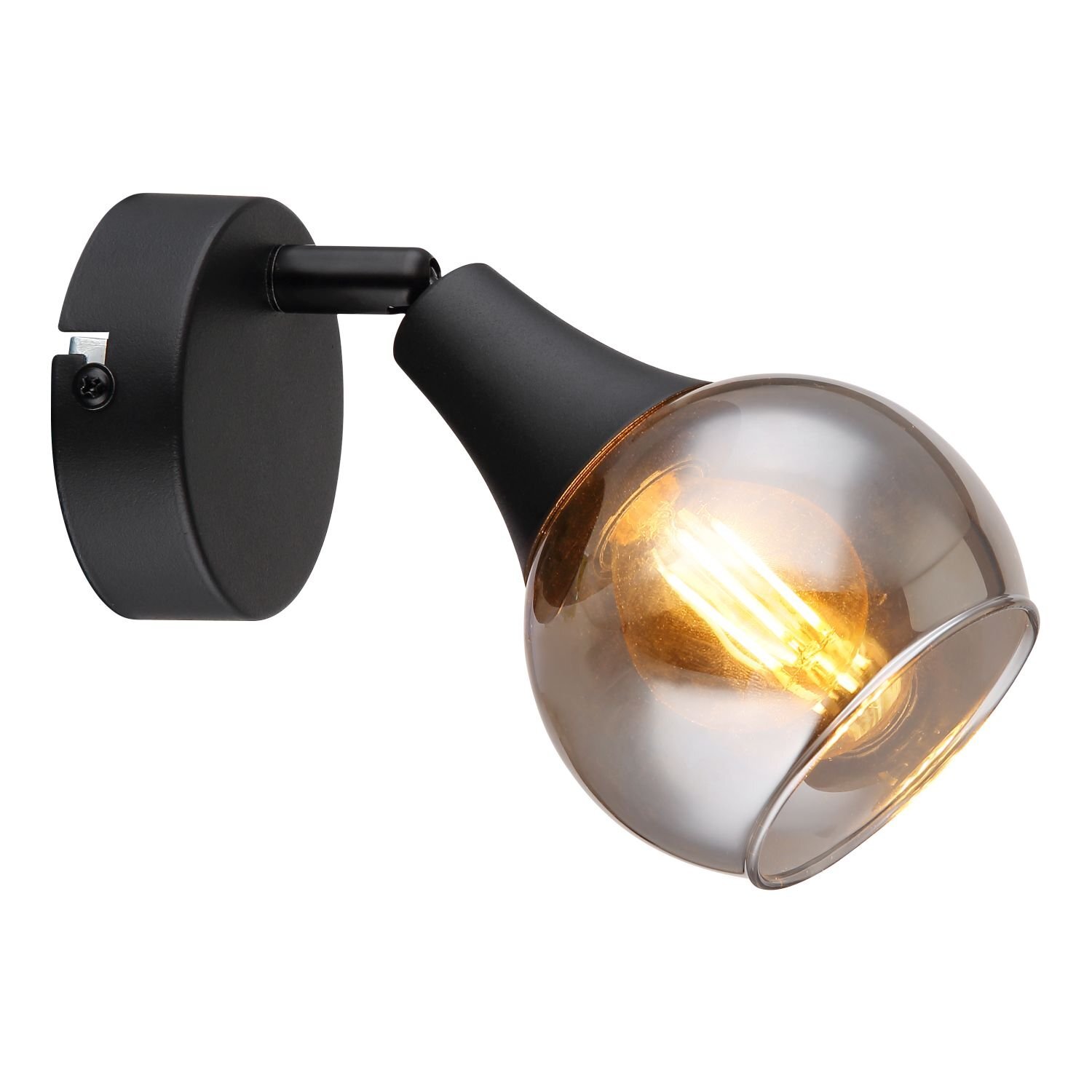 Na obrazie widoczna jest lampa sufitowa z czarną podstawą i przezroczystym kloszem, przez który widać żarówkę emitującą ciepłe światło.