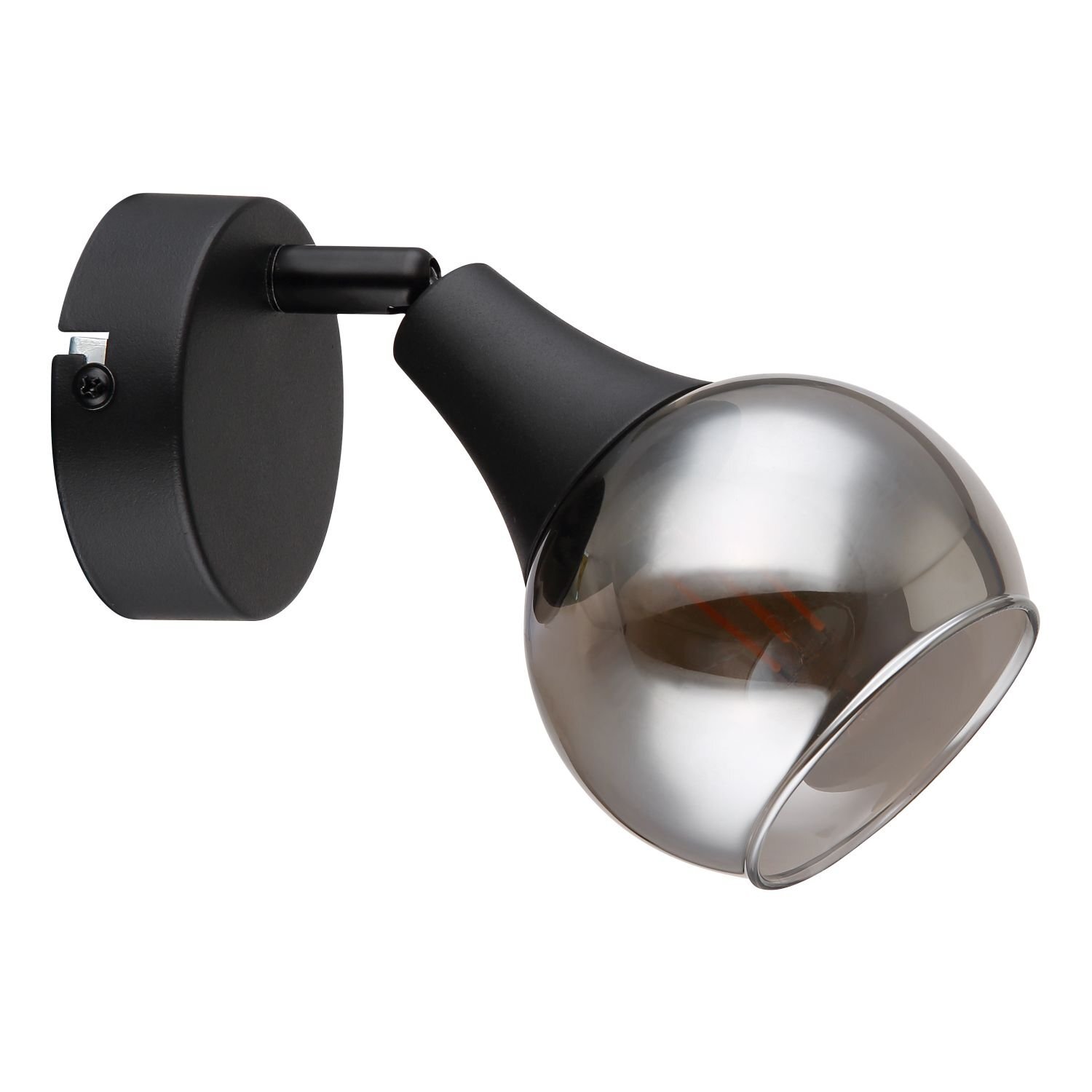 Na obrazie widoczna jest nowoczesna lampa sufitowa z metalicznym kloszem i czarną podstawą montażową. Klosz ma kulisty kształt i jest wykonany z materiału o lustrzanym wykończeniu.