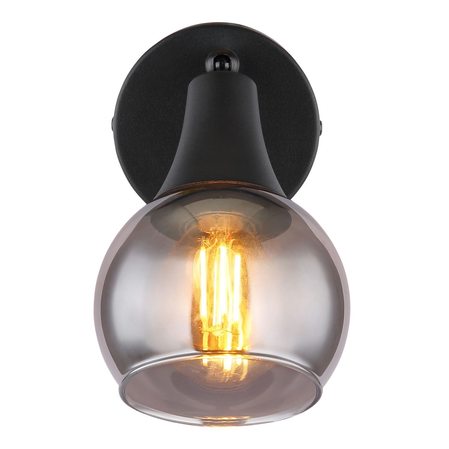 Lampa sufitowa z przezroczystym, kulistym kloszem, przez który widać żarówkę emitującą ciepłe światło. Podstawa lampy jest czarna i matowa.