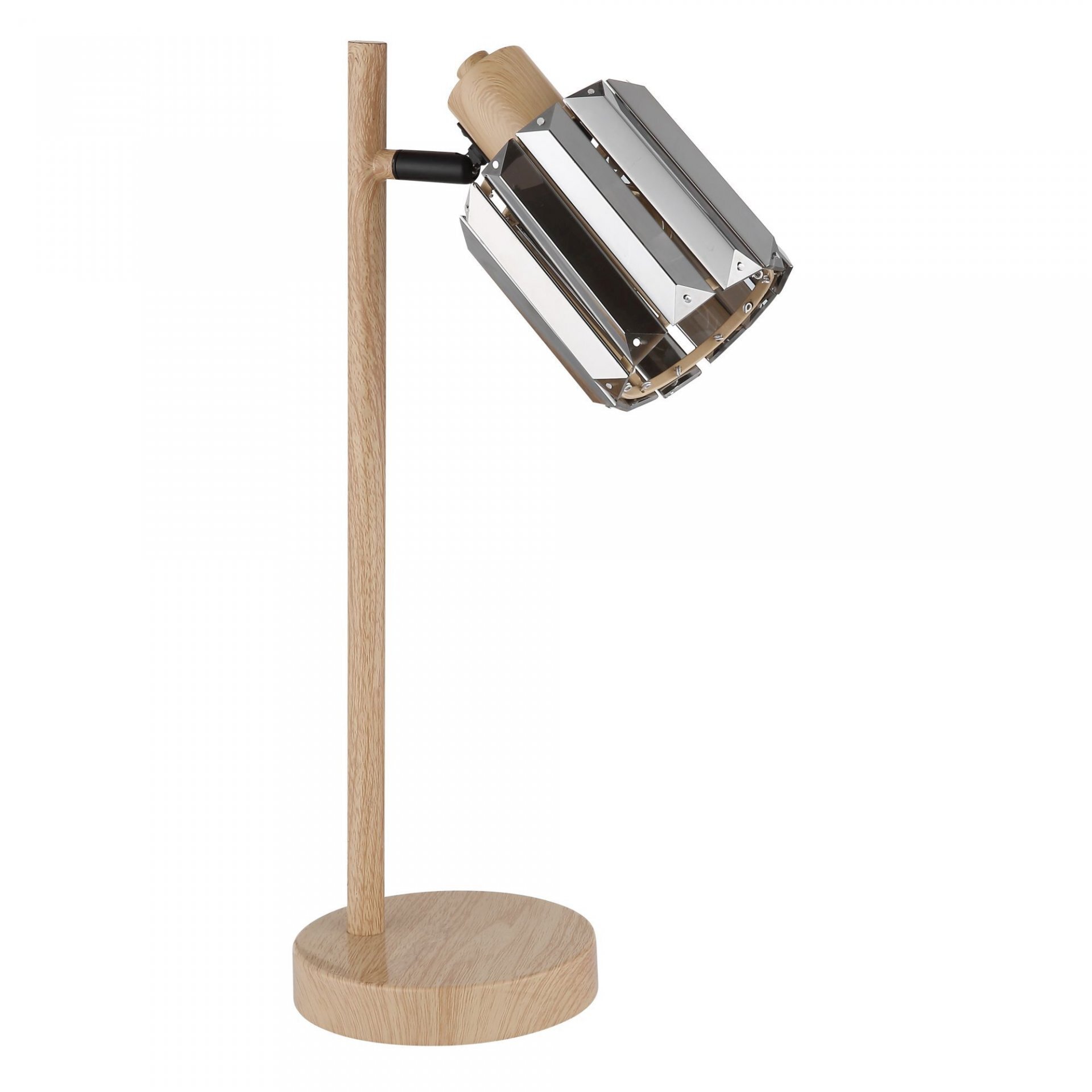 Lampa biurkowa z drewnianą podstawą i metalowym kloszem o geometrycznym kształcie.