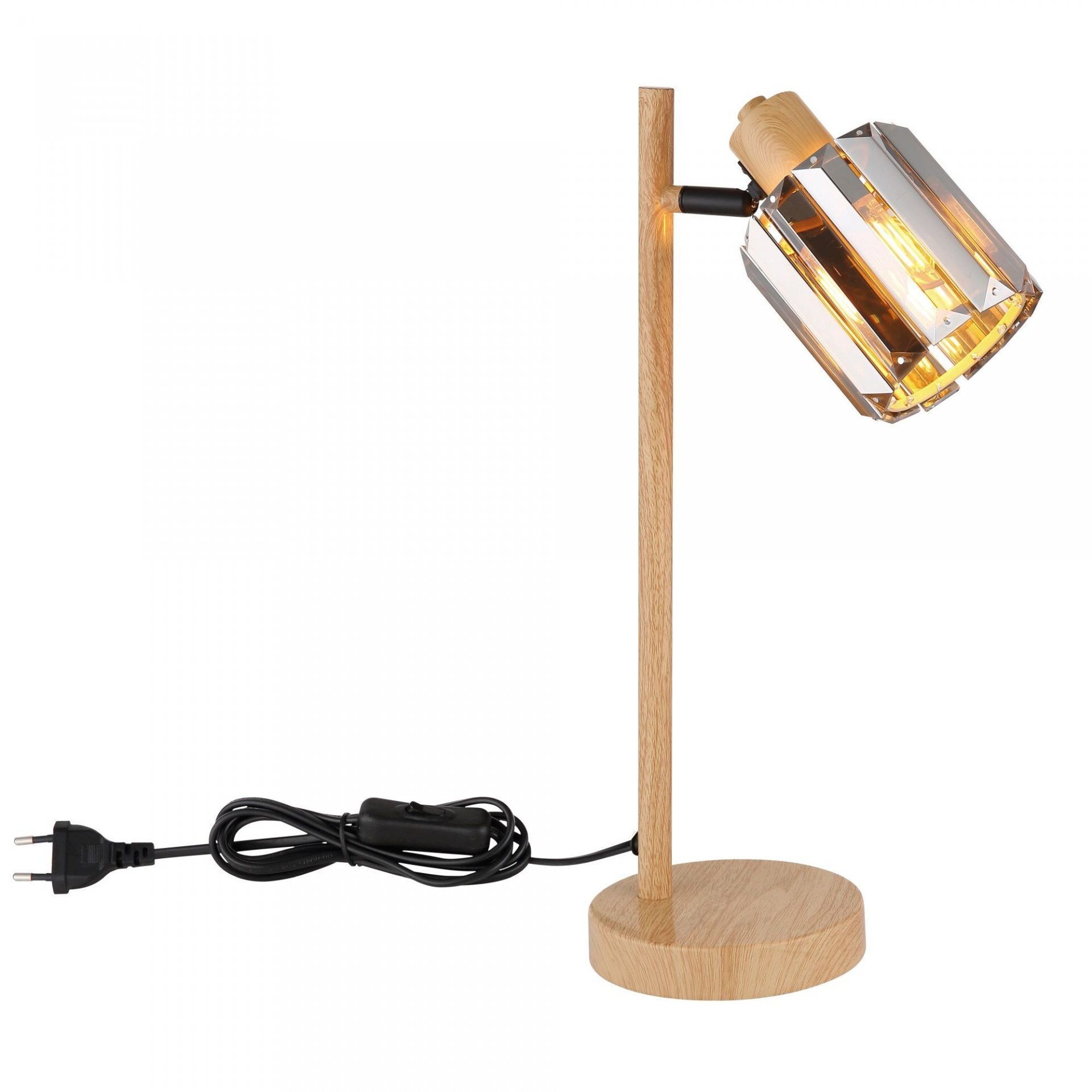 Lampa biurkowa z drewnianą podstawą i metalowym kloszem o geometrycznym kształcie. Posiada czarny przewód z wtyczką i włącznikiem.