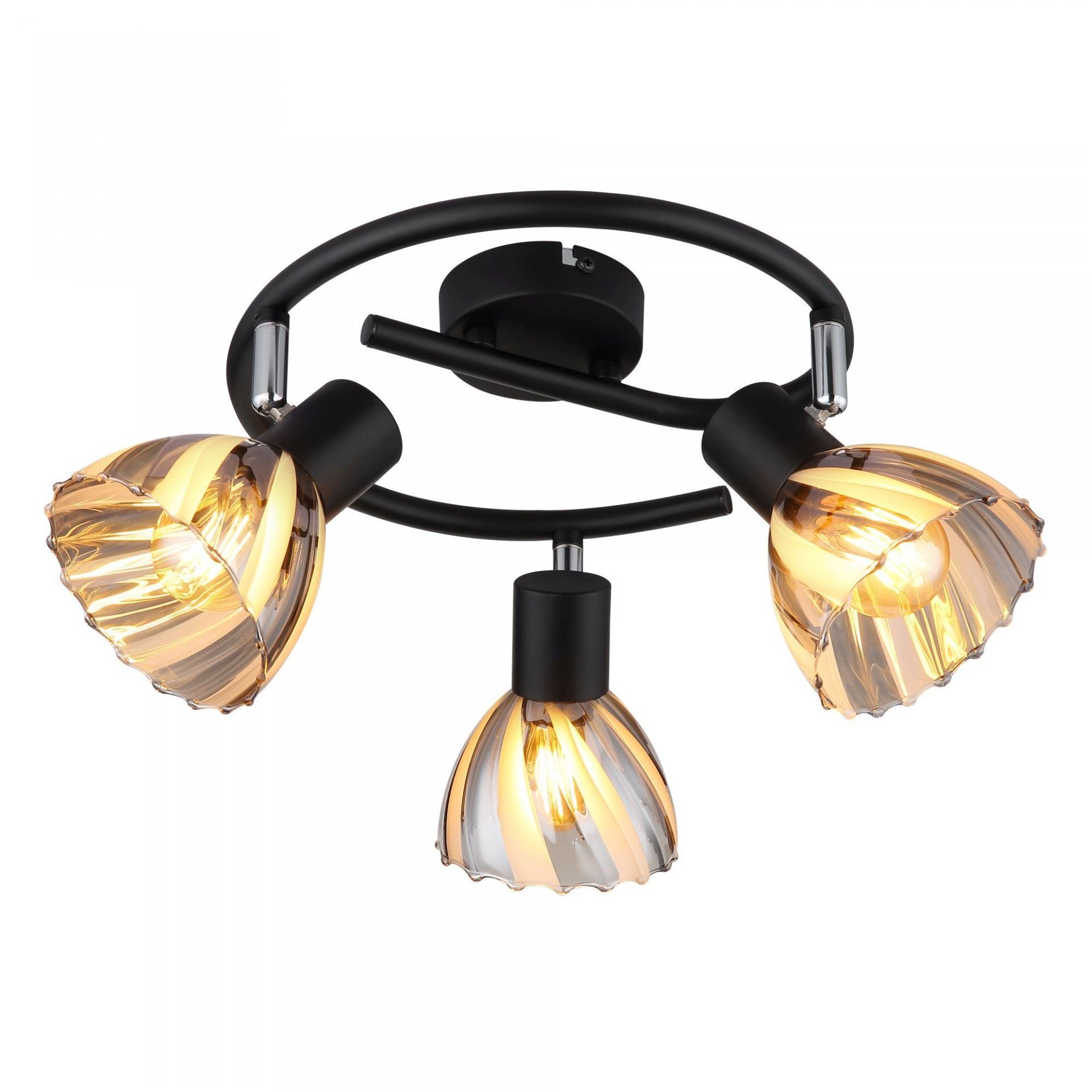 Nowoczesna lampa sufitowa z trzema regulowanymi reflektorami o spiralnym wzorze kloszy. Konstrukcja jest czarna z metalowymi elementami.
