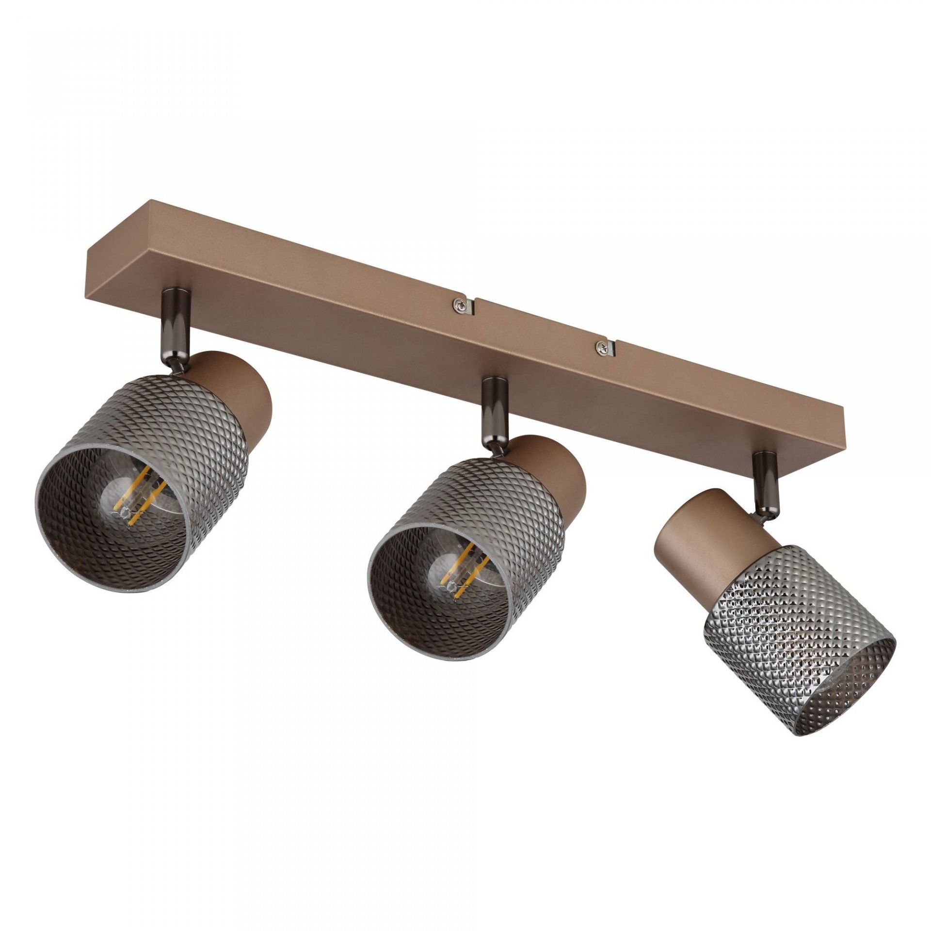 Lampa sufitowa z trzema reflektorami o nowoczesnym designie, zamontowana na prostokątnej listwie. Każdy reflektor ma metalową, perforowaną osłonę w kolorze brązowym.