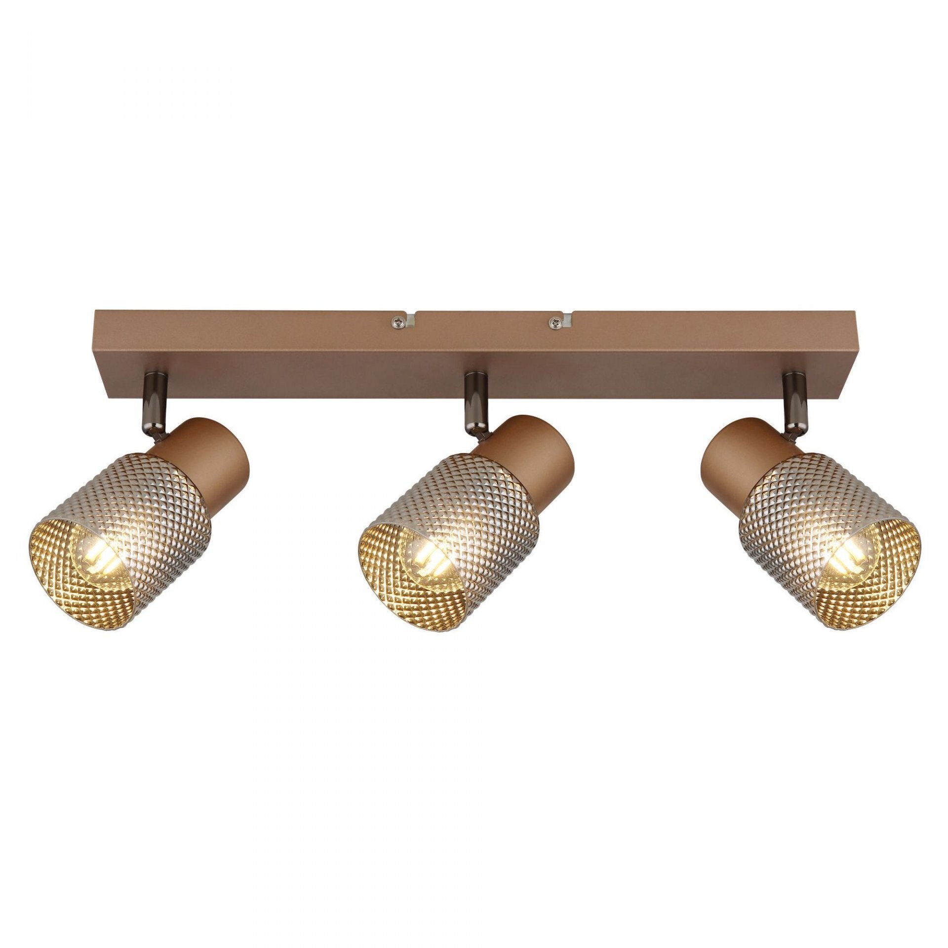 Lampa sufitowa z trzema reflektorami o metalicznej, perforowanej powierzchni. Reflektory są zamontowane na prostokątnej listwie w kolorze brązowym.