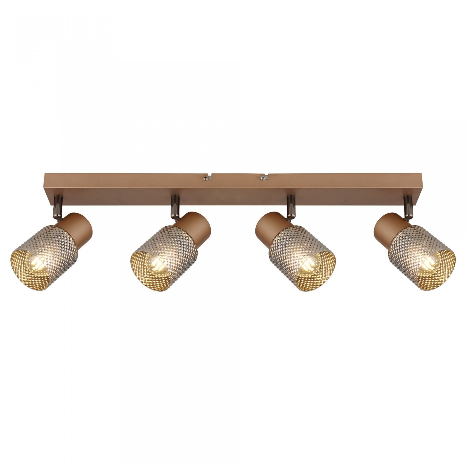 Lampa sufitowa z czterema reflektorami o cylindrycznym kształcie, zamontowana na prostokątnej listwie. Reflektory mają metaliczne wykończenie z perforowanym wzorem.