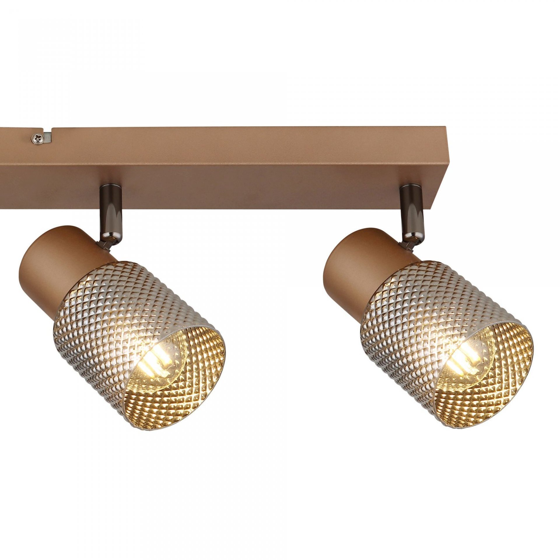 Na obrazie widoczna jest lampa sufitowa z dwoma reflektorami o metalicznej, perforowanej powierzchni. Reflektory są zamontowane na prostokątnej, brązowej belce.