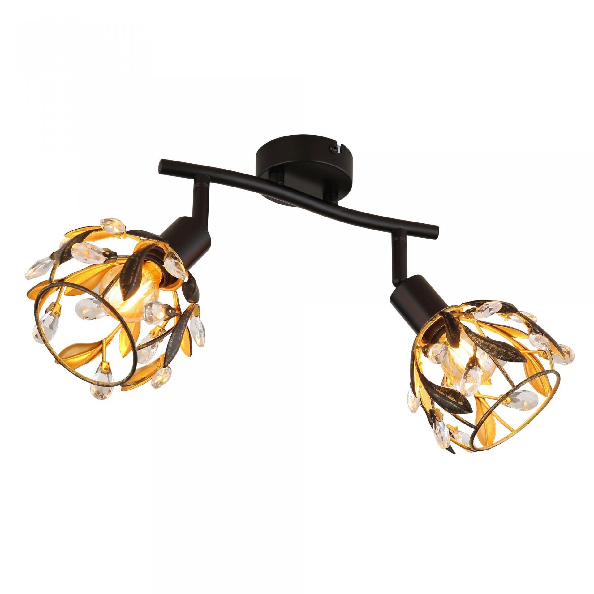 Lampa reflektorowa z dwoma źródłami światła, ozdobiona metalowymi liśćmi i przezroczystymi kryształkami. Konstrukcja jest w kolorze czarnym z elementami złotymi.