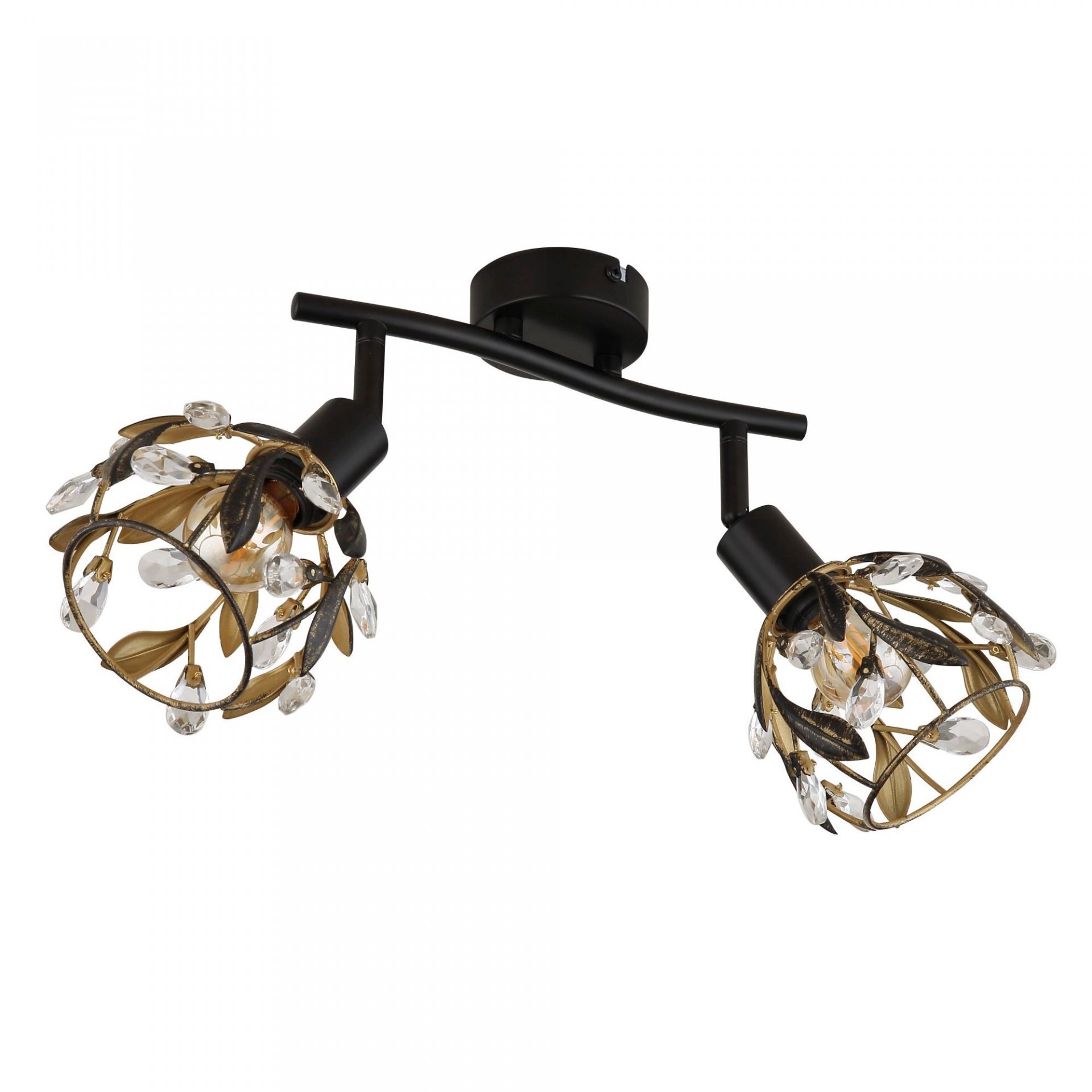 Lampa reflektorowa z dwoma punktami świetlnymi, ozdobiona metalowymi liśćmi i przezroczystymi kryształkami. Konstrukcja jest w kolorze ciemnego metalu z dekoracyjnymi elementami w kolorze złotym.