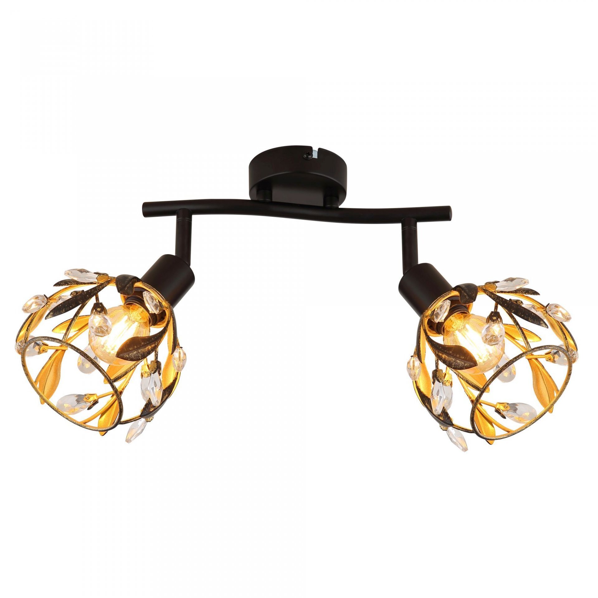 Lampa reflektorowa z dwoma źródłami światła, ozdobiona metalowymi liśćmi i przezroczystymi kryształkami. Konstrukcja jest w ciemnym kolorze z dekoracyjnymi elementami w złotym odcieniu.