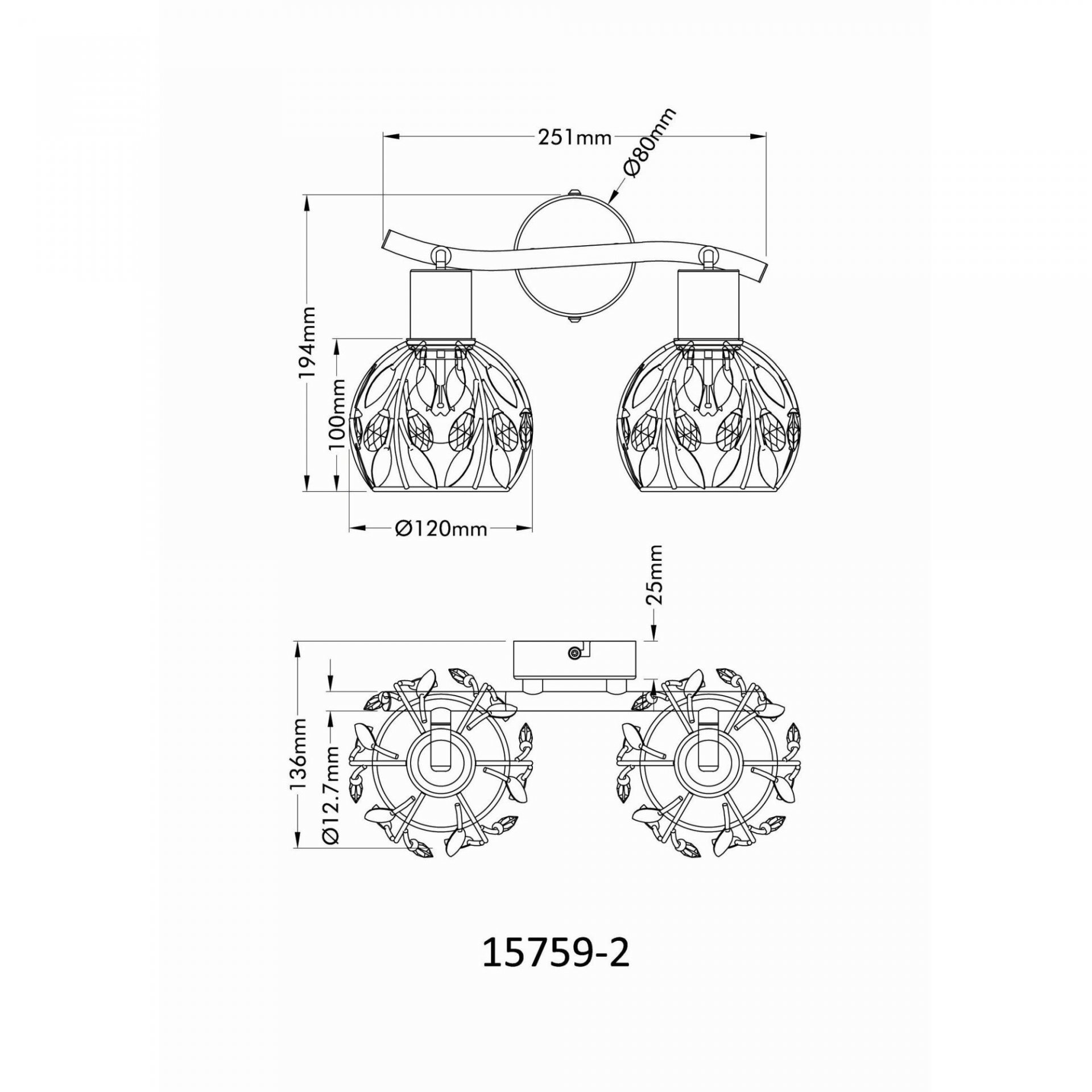 Schemat techniczny lampy reflektorowej z dwoma kloszami o dekoracyjnym wzorze, z wymiarami: 251mm szerokości, 194mm wysokości, klosze o średnicy 120mm. Widoczne oznaczenie modelu: 15759-2.