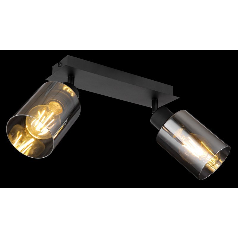 Czarna lampa sufitowa z dwoma reflektorami, każdy z przydymionym szklanym kloszem, w których widoczne są żarówki. Konstrukcja metalowa, montowana na prostokątnej podstawie.