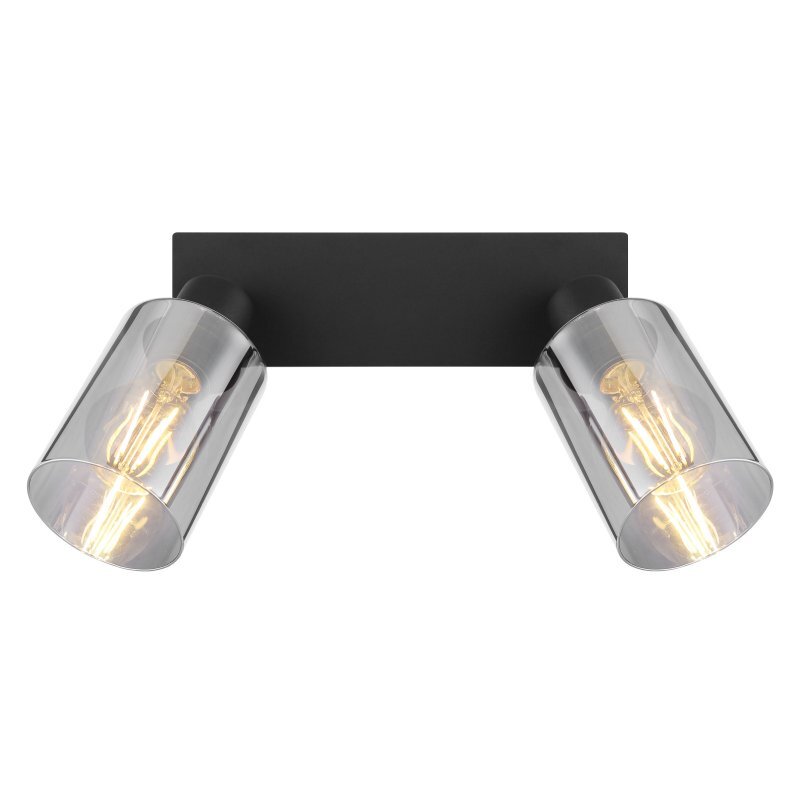 Lampa sufitowa z dwoma reflektorami, każdy z przydymionym szklanym kloszem i widoczną żarówką wewnątrz. Podstawa lampy jest czarna i prostokątna.