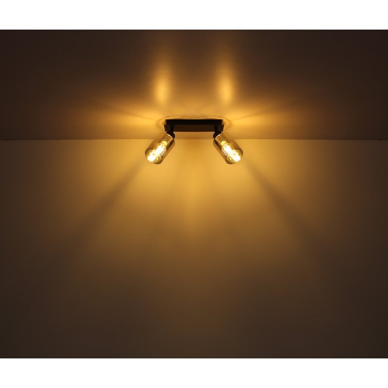 Na suficie zamontowana jest czarna lampa sufitowa z dwoma reflektorami, które emitują ciepłe, żółte światło. Klosze lampy wykonane są z przydymionego szkła.