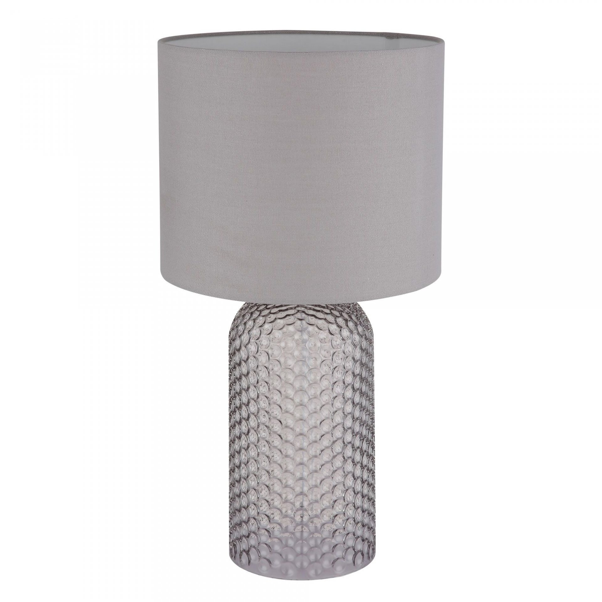 Lampa stołowa z szarym, cylindrycznym abażurem i przezroczystą, fakturowaną podstawą. Elegancki design odpowiedni do sypialni lub salonu.